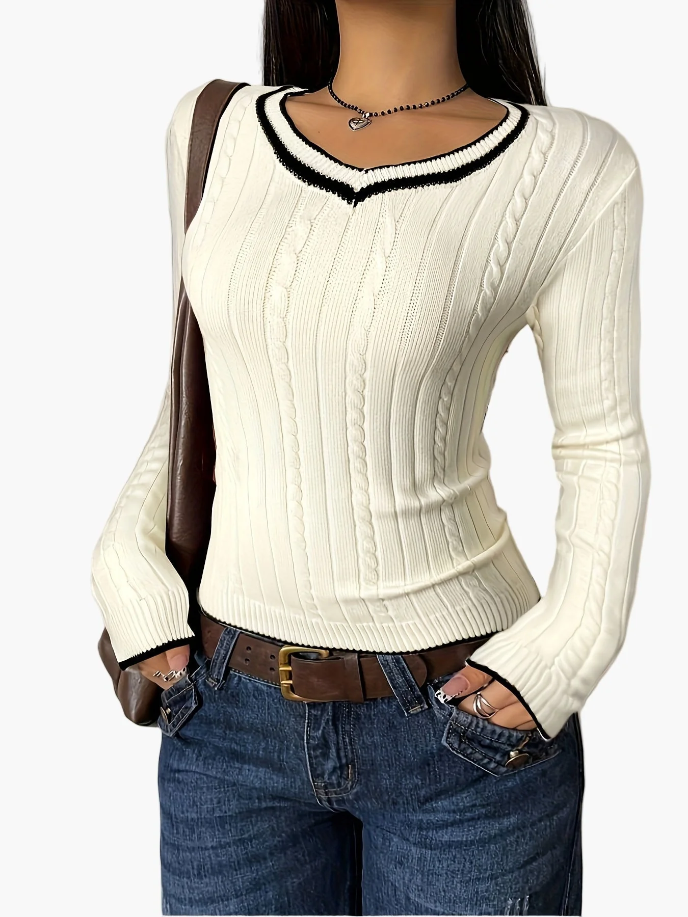 Damen Strickpullover im Vintage-Stil mit V-Ausschnitt – Figurbetont, Alltag & Freizeit - Image 6