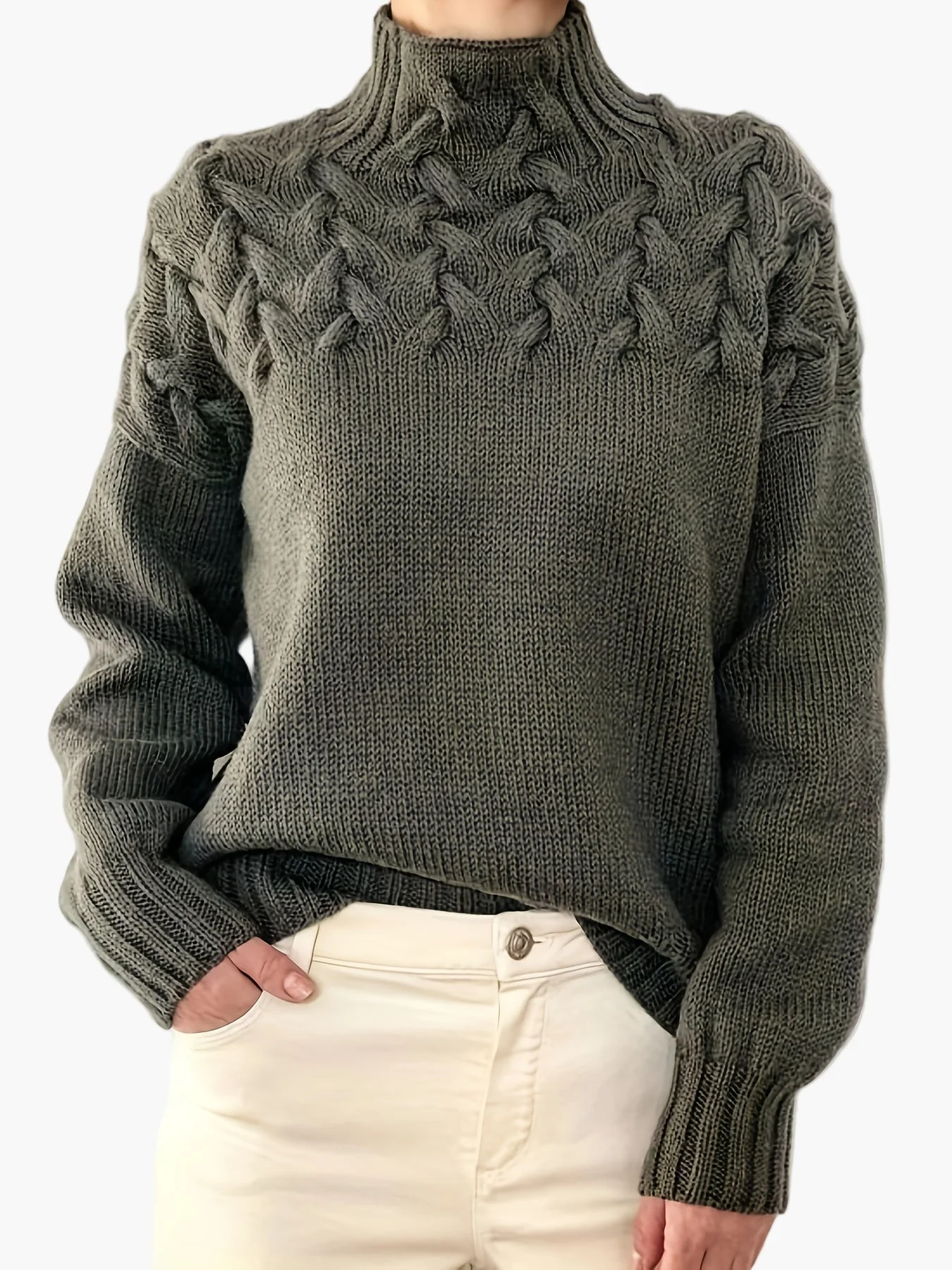 Damen Strickpullover mit Zopfmuster und Stehkragen – Modischer Winterpullover für Freizeit und Alltag - Image 2