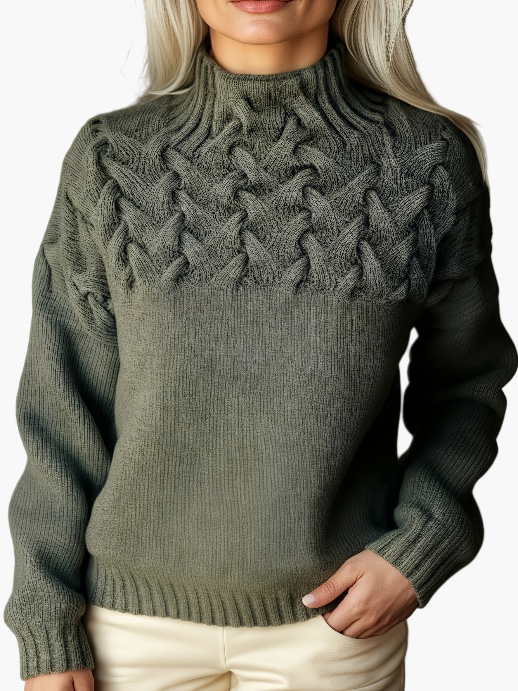 Damen Strickpullover mit Zopfmuster und Stehkragen – Modischer Winterpullover für Freizeit und Alltag - Image 4