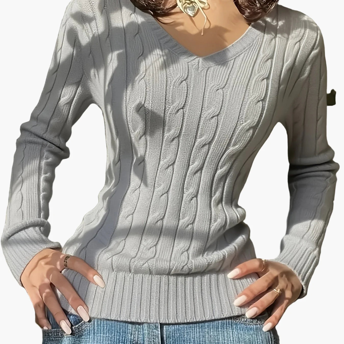 Damen Strickpullover mit Zopfmuster und V-Ausschnitt – Modischer Freizeitpullover für Alltag und Büro - Image 12