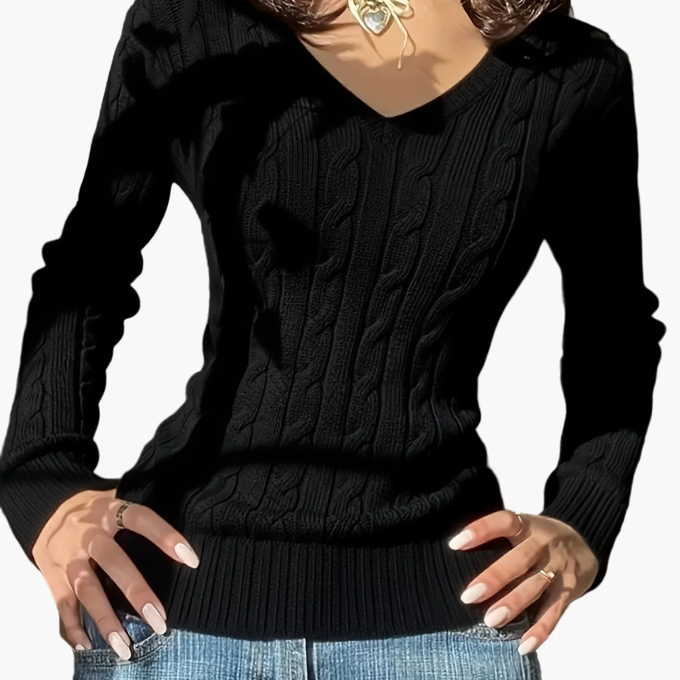 Damen Strickpullover mit Zopfmuster und V-Ausschnitt – Modischer Freizeitpullover für Alltag und Büro - Image 13