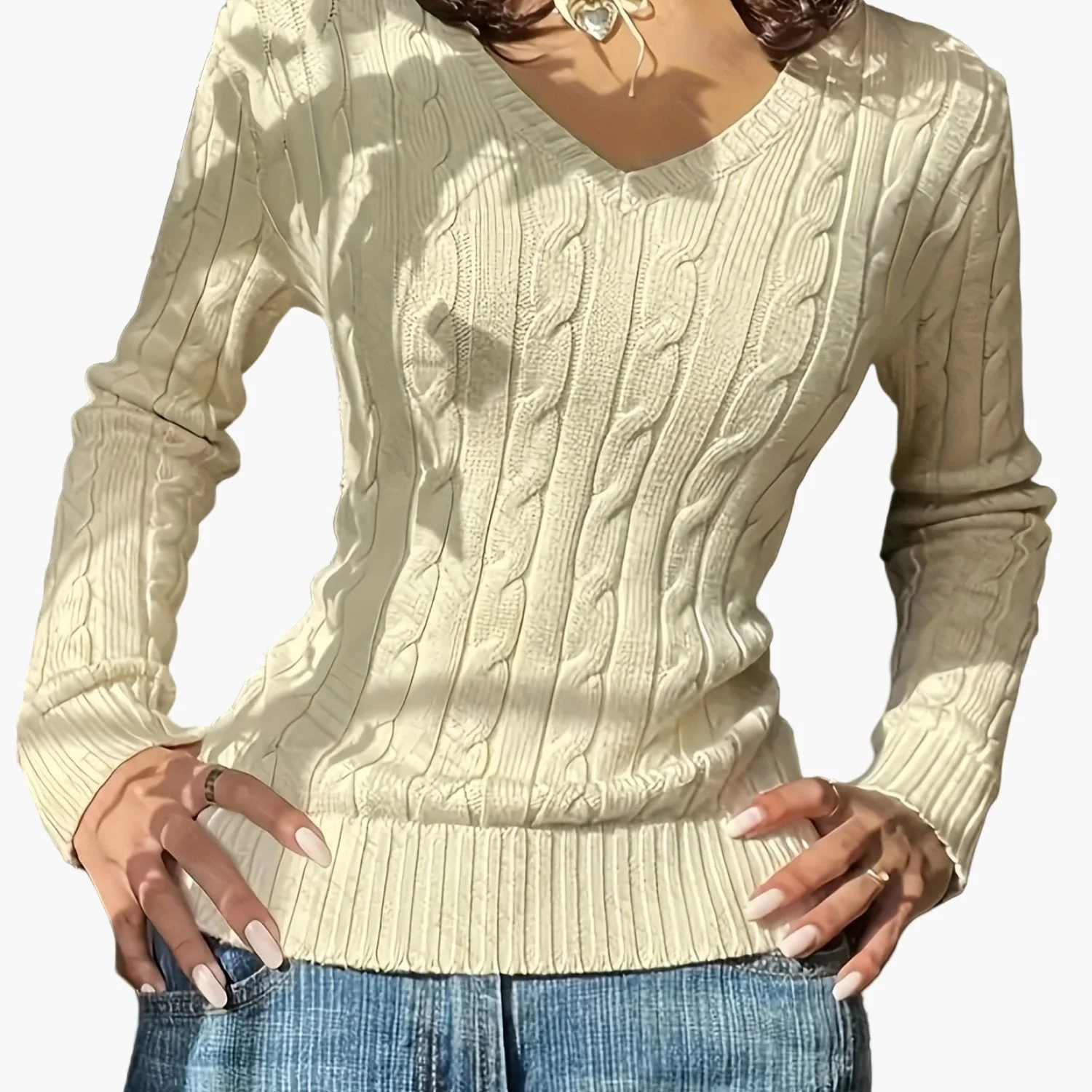 Damen Strickpullover mit Zopfmuster und V-Ausschnitt – Modischer Freizeitpullover für Alltag und Büro - Image 14