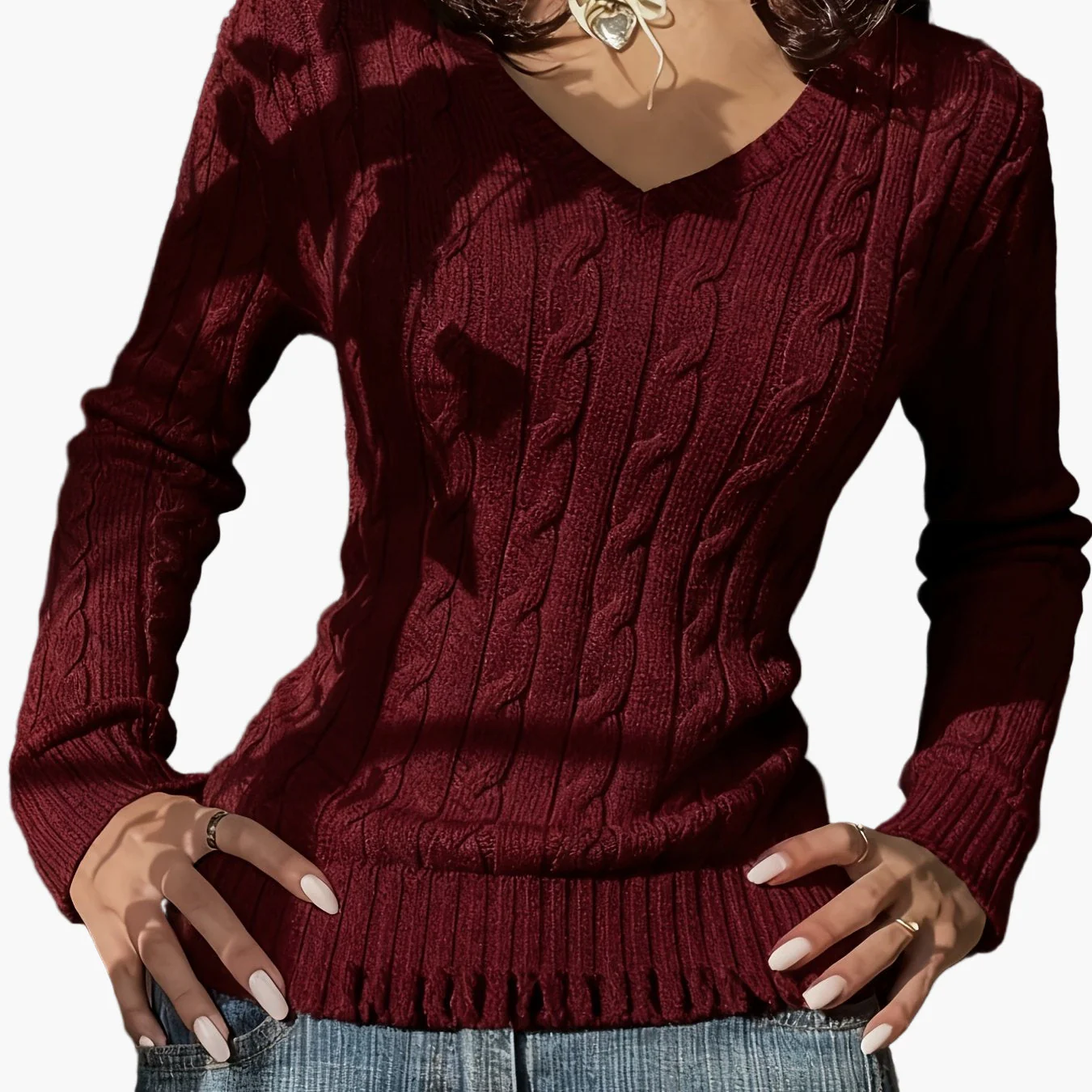 Damen Strickpullover mit Zopfmuster und V-Ausschnitt – Modischer Freizeitpullover für Alltag und Büro - Image 15