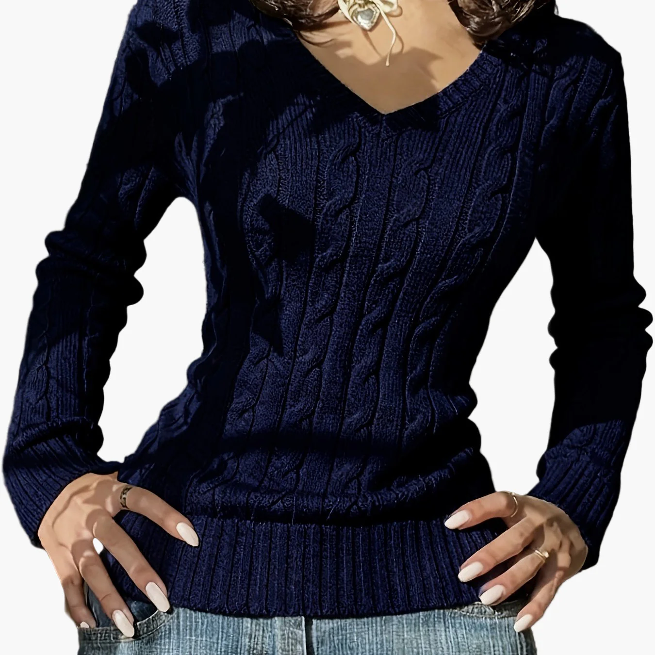 Damen Strickpullover mit Zopfmuster und V-Ausschnitt – Modischer Freizeitpullover für Alltag und Büro - Image 16