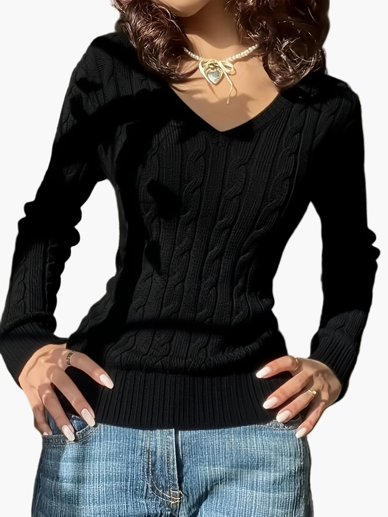 Damen Strickpullover mit Zopfmuster und V-Ausschnitt – Modischer Freizeitpullover für Alltag und Büro - Image 2