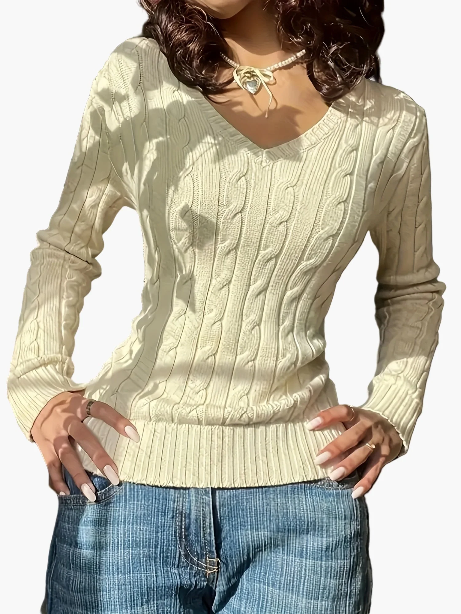 Damen Strickpullover mit Zopfmuster und V-Ausschnitt – Modischer Freizeitpullover für Alltag und Büro - Image 3