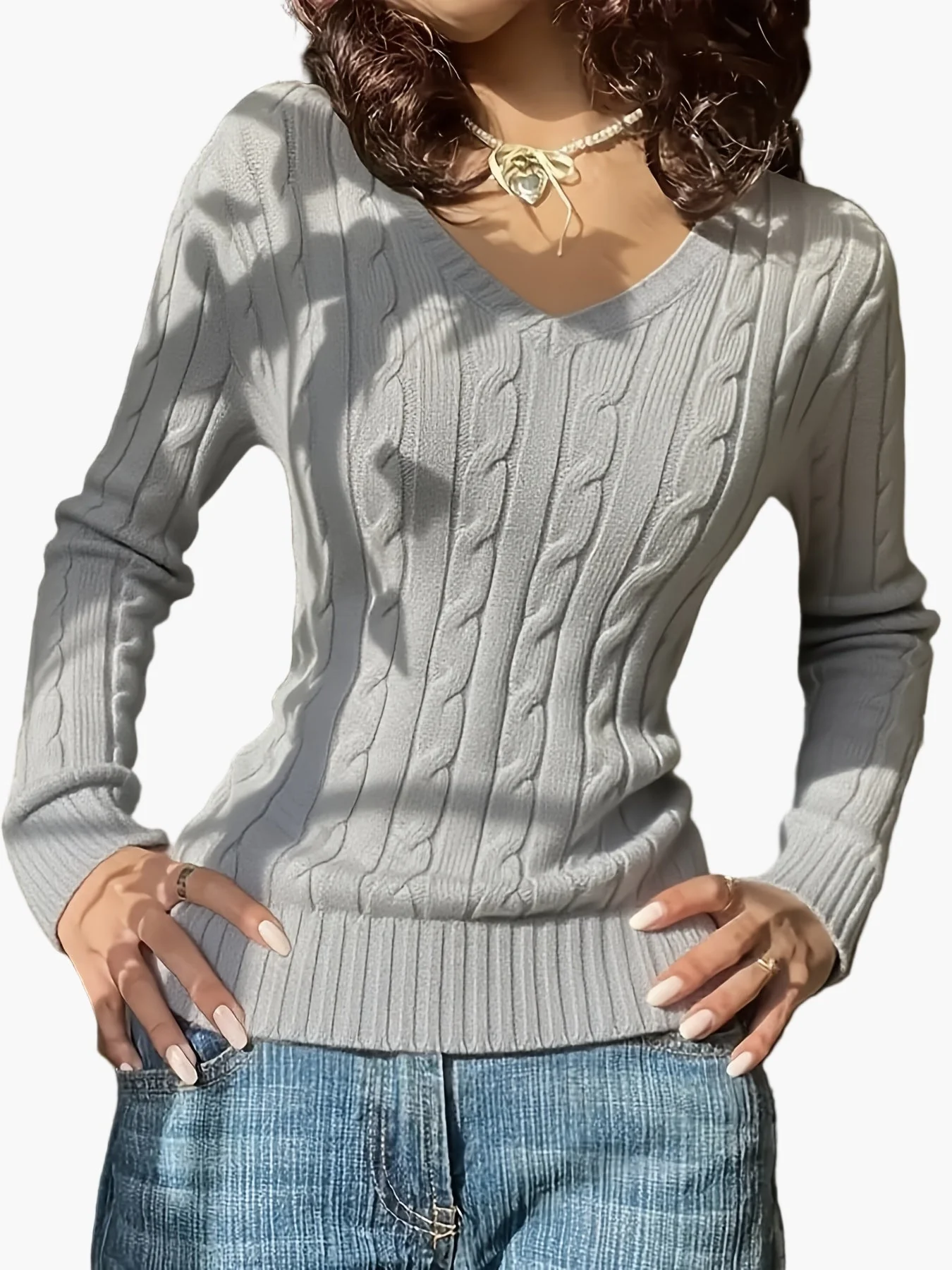 Damen Strickpullover mit Zopfmuster und V-Ausschnitt – Modischer Freizeitpullover für Alltag und Büro - Image 4