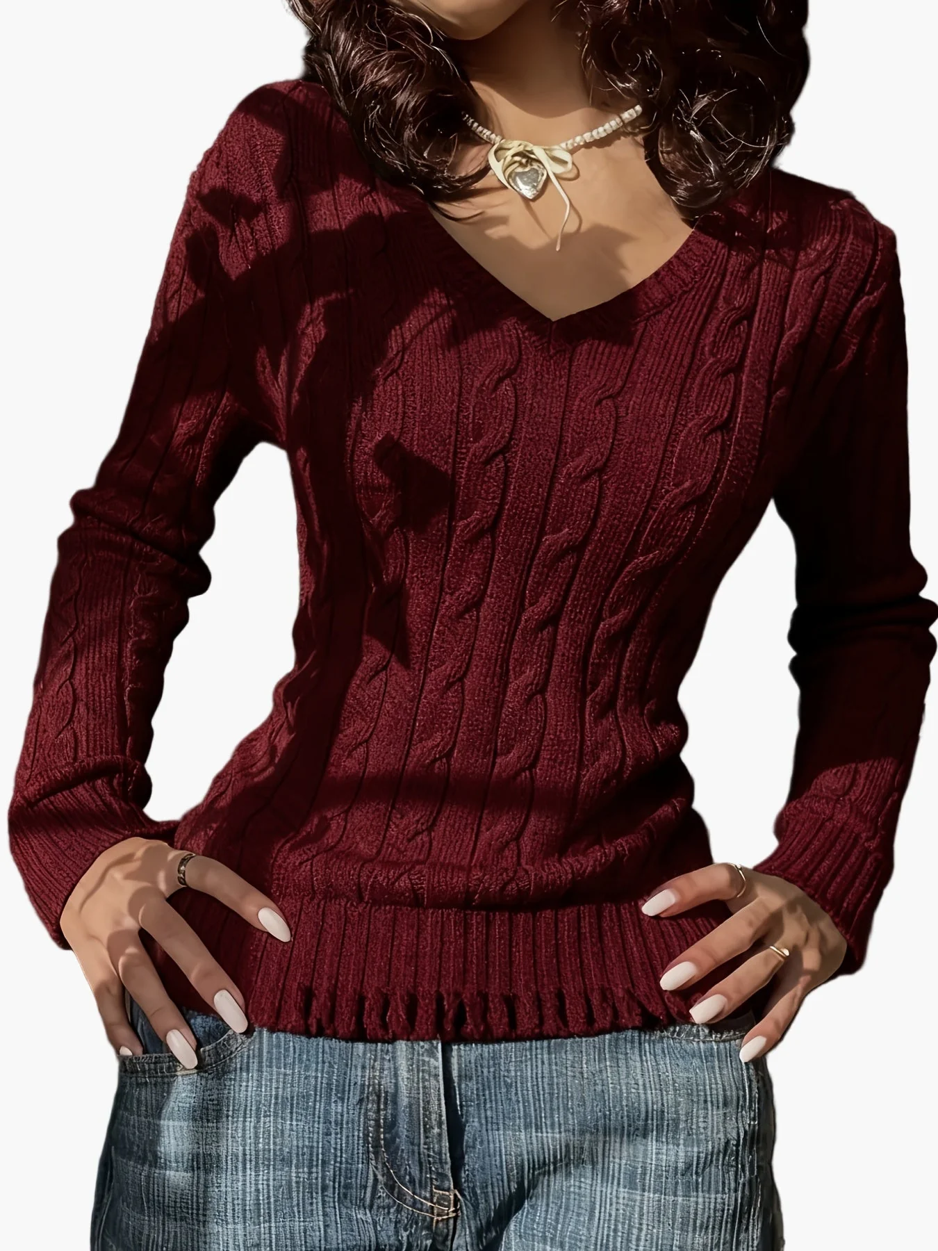 Damen Strickpullover mit Zopfmuster und V-Ausschnitt – Modischer Freizeitpullover für Alltag und Büro - Image 5