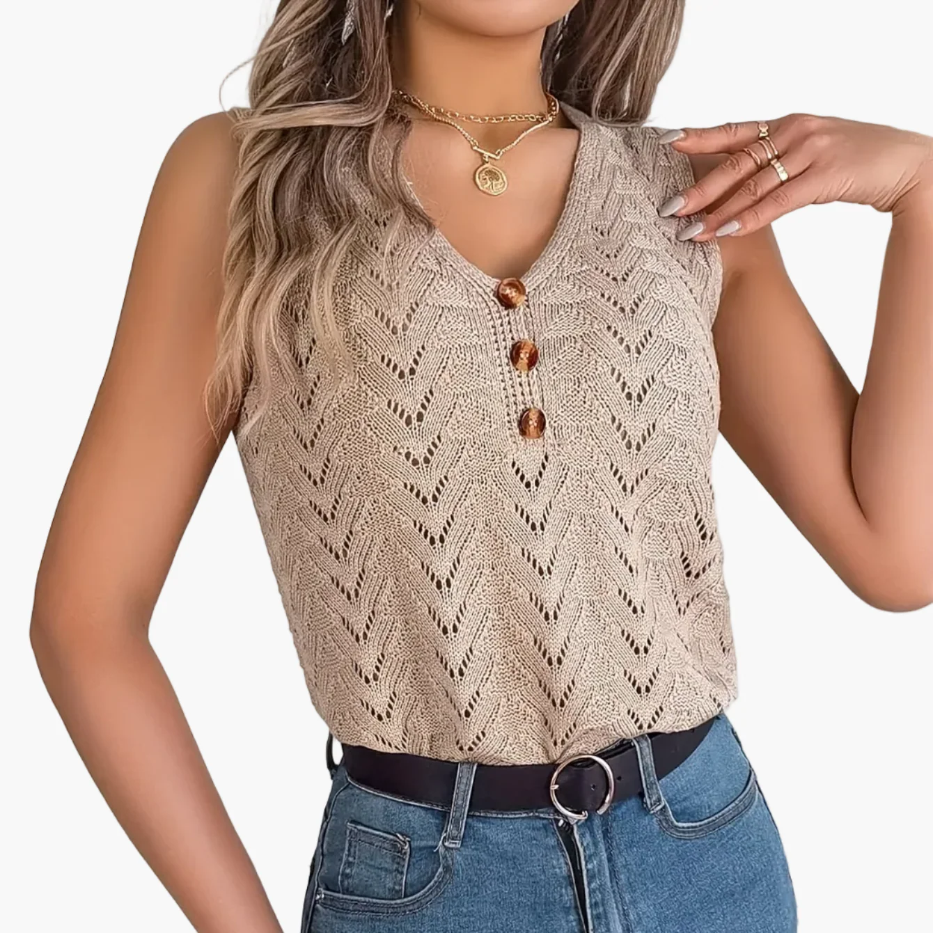 Damen Stricktop mit V-Ausschnitt und Knopfleiste – Modisches Sommertop für Freizeit und Urlaub - Image 11