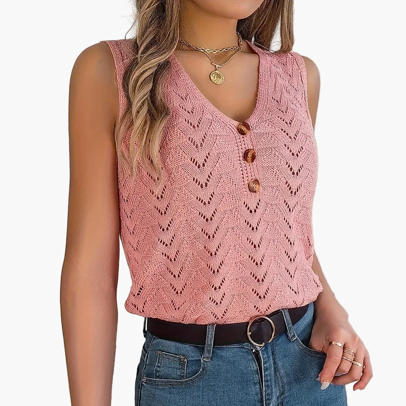 Damen Stricktop mit V-Ausschnitt und Knopfleiste – Modisches Sommertop für Freizeit und Urlaub - Image 13