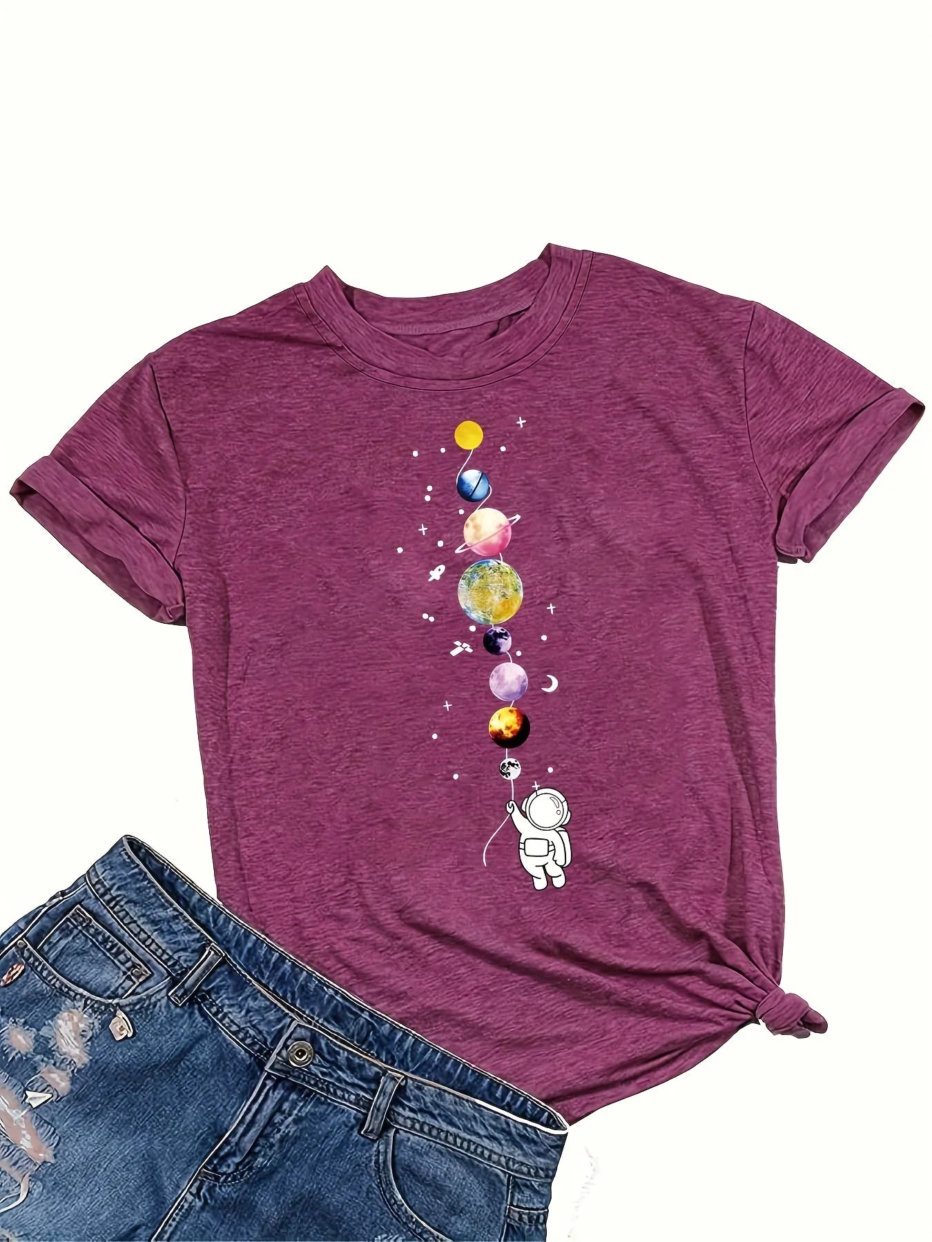 Damen T-Shirt mit Astronaut und Planeten – Casual Style für Alltag und Freizeit – Galaxie & Weltraum Motiv - Image 2