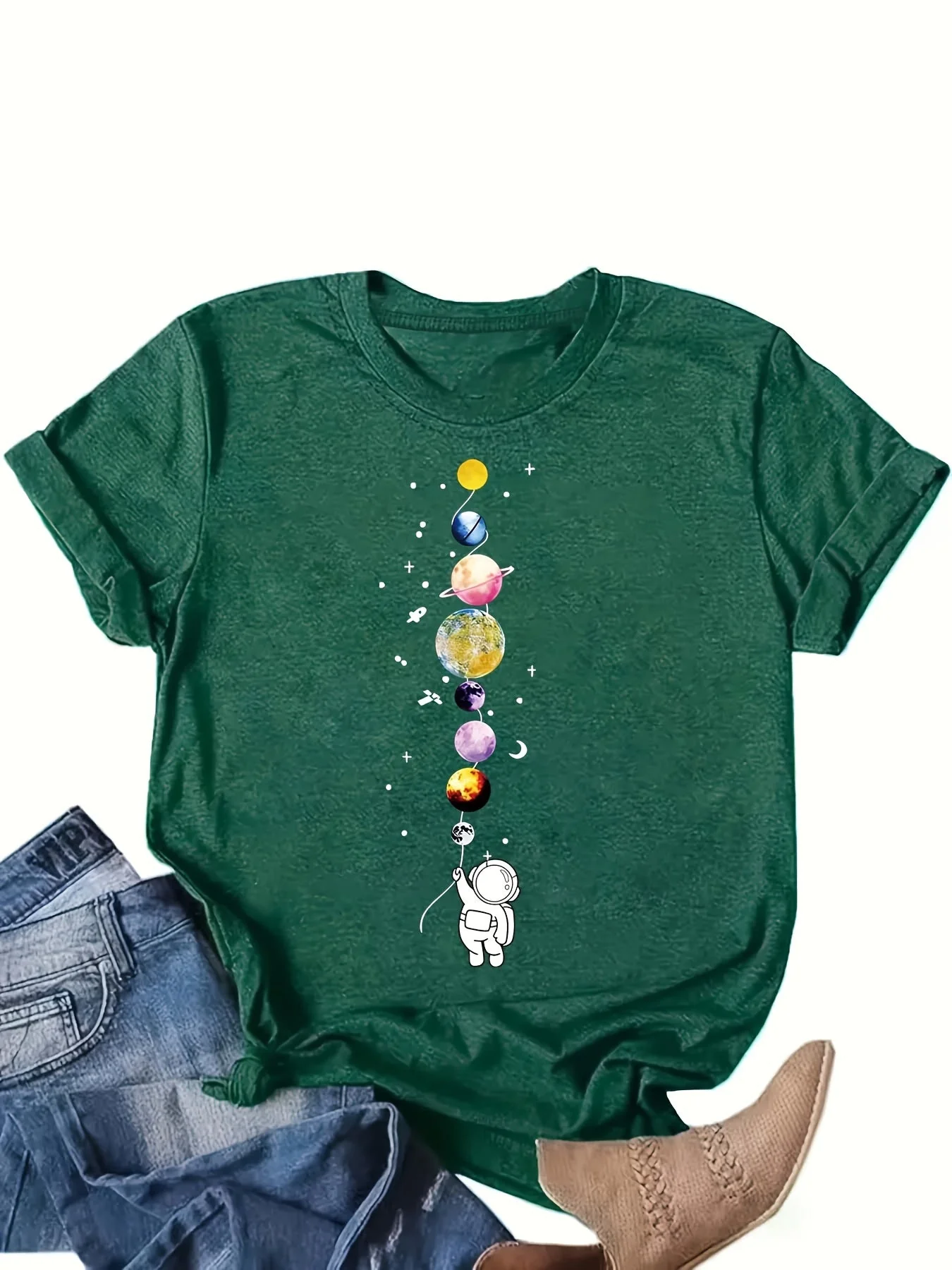 Damen T-Shirt mit Astronaut und Planeten – Casual Style für Alltag und Freizeit – Galaxie & Weltraum Motiv - Image 3