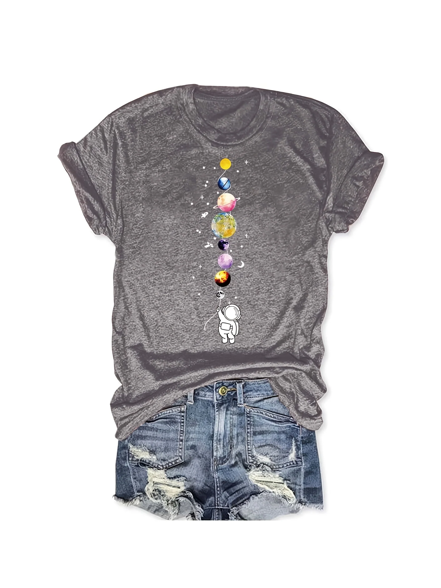 Damen T-Shirt mit Astronaut und Planeten – Casual Style für Alltag und Freizeit – Galaxie & Weltraum Motiv - Image 4