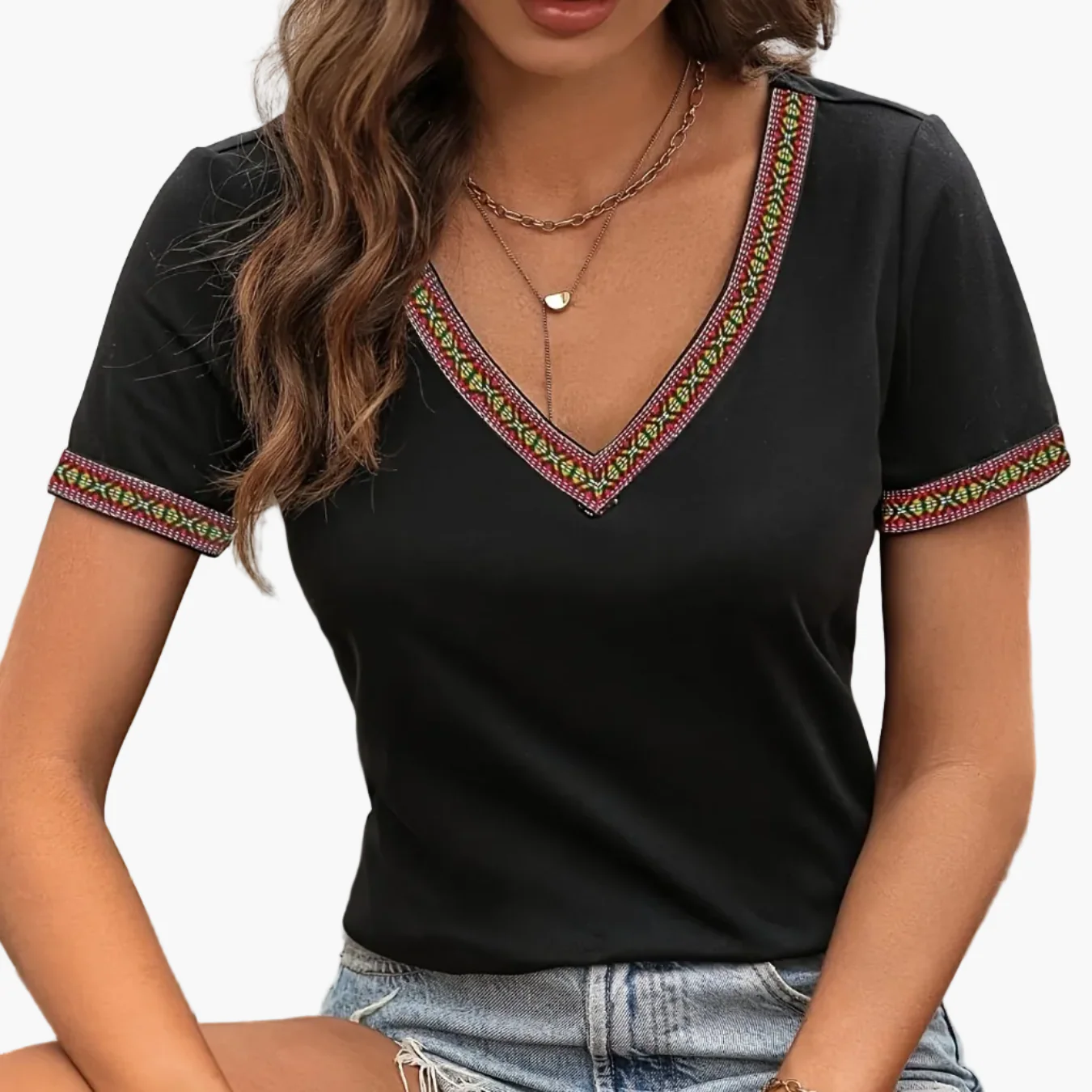 Damen T-Shirt mit Ethno-Dekor V-Ausschnitt Kurzarm – Casual Sommerstyle - Image 7