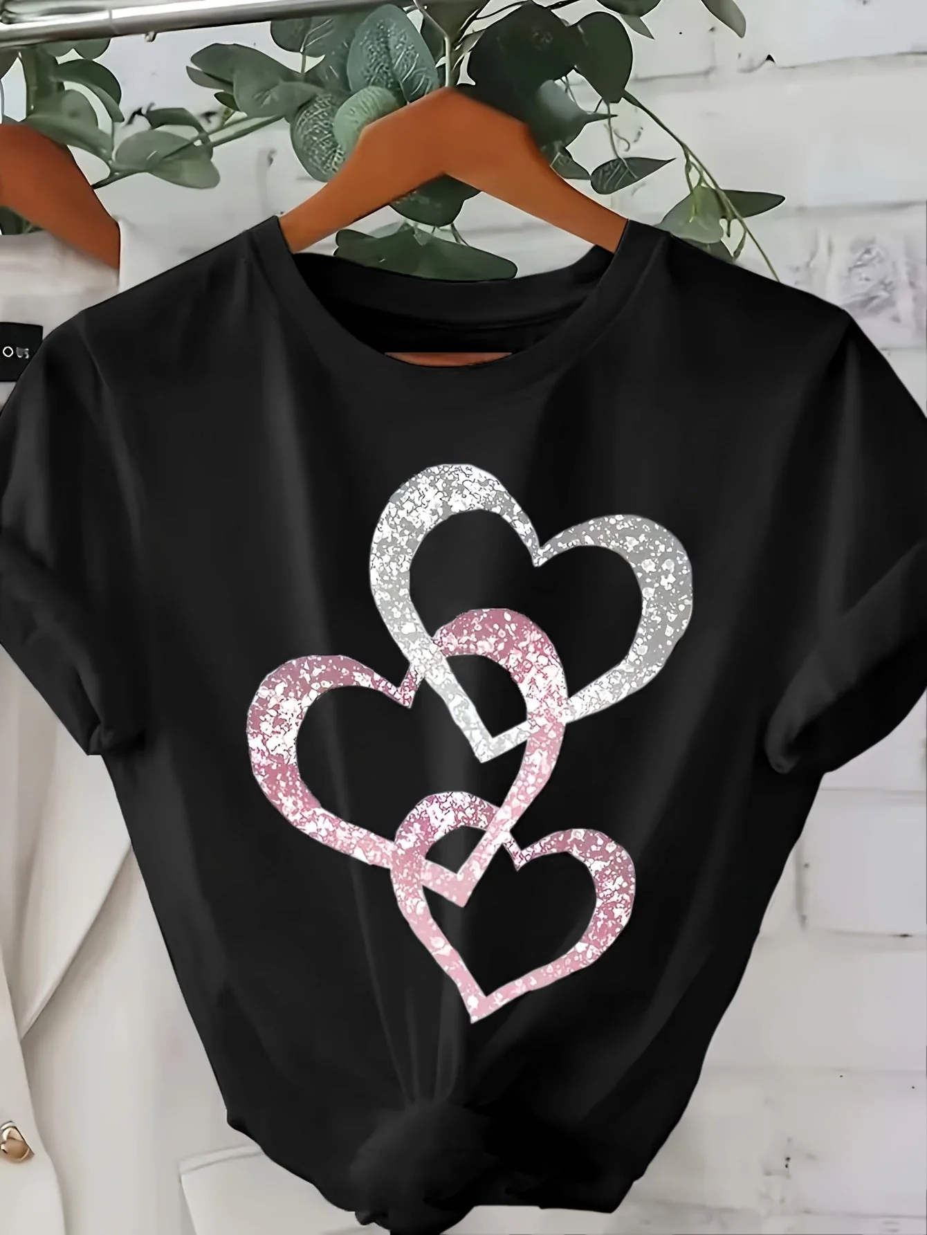 Damen T-Shirt mit Glitzer-Herz-Print, Casual Sommer Style - Image 3