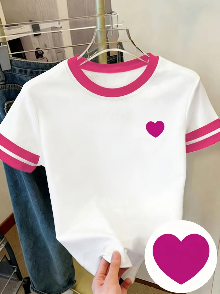 Damen T-Shirt mit Herz-Print und Kontraststreifen – Modisches Freizeitshirt für Frühling und Sommer - Image 10