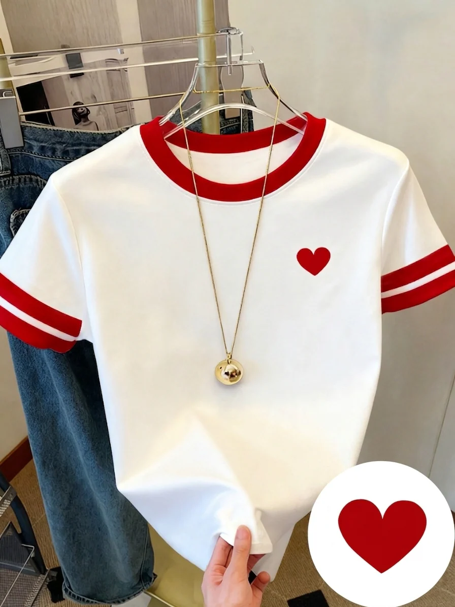 Damen T-Shirt mit Herz-Print und Kontraststreifen – Modisches Freizeitshirt für Frühling und Sommer - Image 11