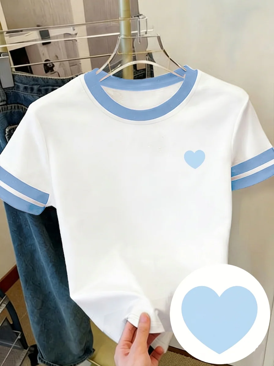 Damen T-Shirt mit Herz-Print und Kontraststreifen – Modisches Freizeitshirt für Frühling und Sommer - Image 12