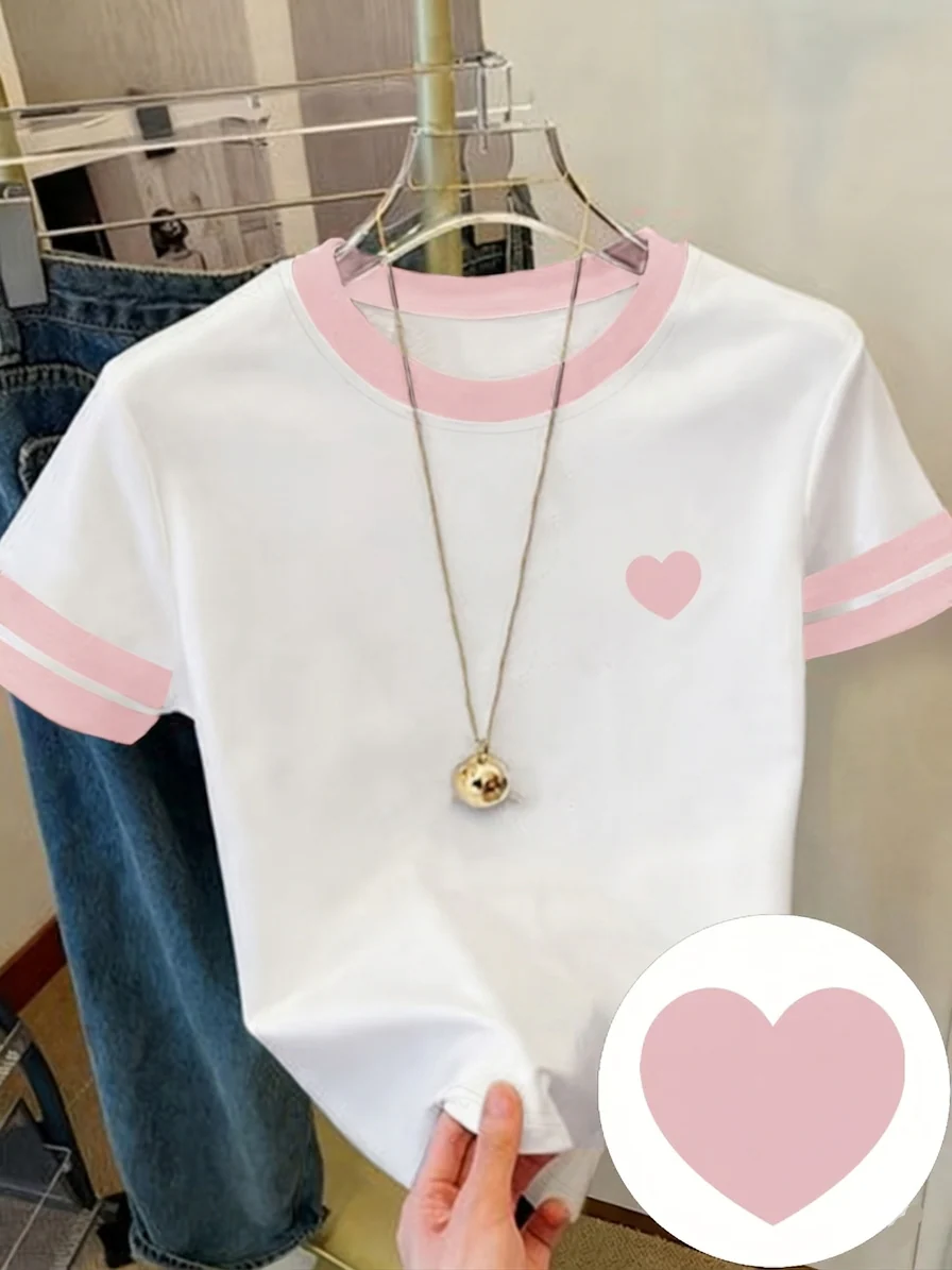 Damen T-Shirt mit Herz-Print und Kontraststreifen – Modisches Freizeitshirt für Frühling und Sommer - Image 13