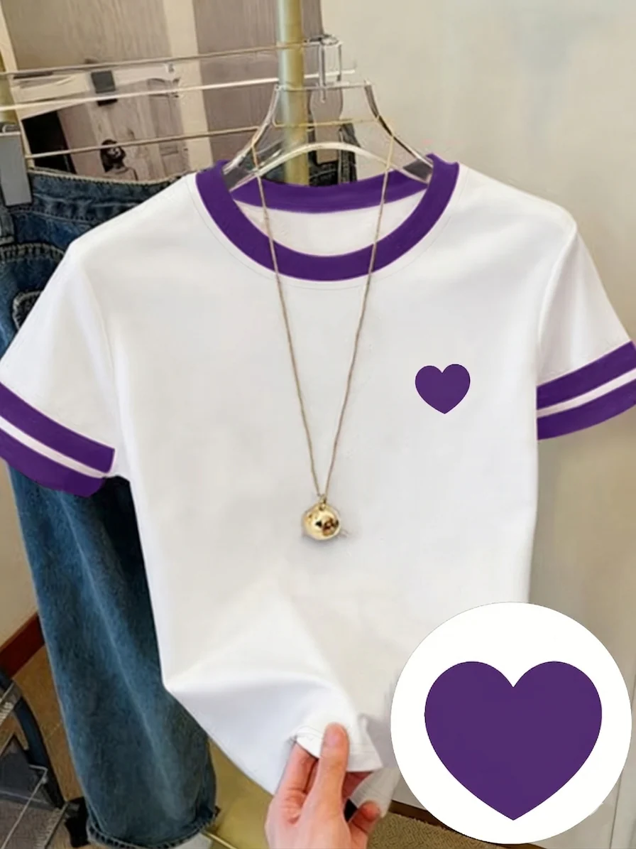 Damen T-Shirt mit Herz-Print und Kontraststreifen – Modisches Freizeitshirt für Frühling und Sommer - Image 14