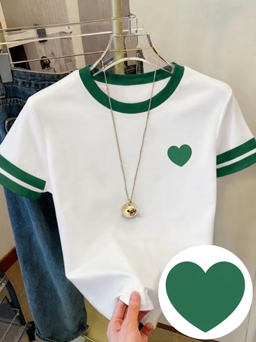 Damen T-Shirt mit Herz-Print und Kontraststreifen – Modisches Freizeitshirt für Frühling und Sommer - Image 15
