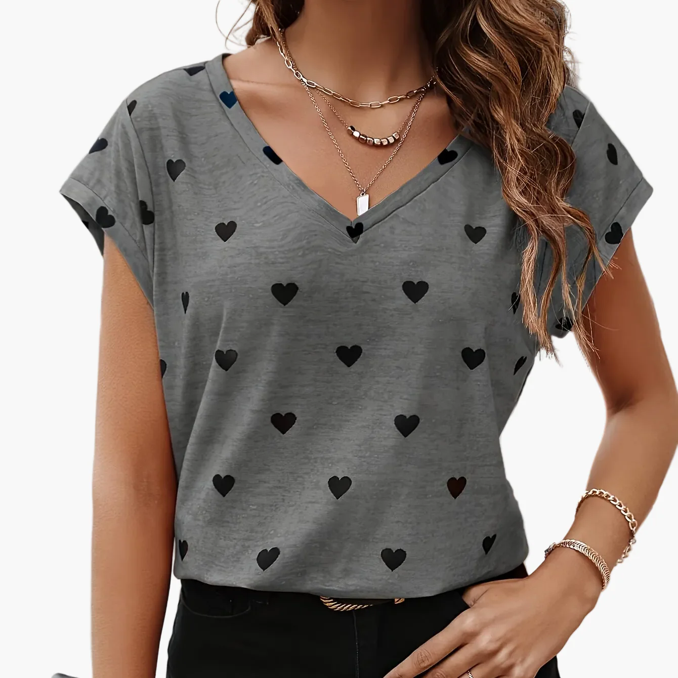 Damen T-Shirt mit Herzmuster, V-Ausschnitt, lässig und elegant für den Sommer - Image 11