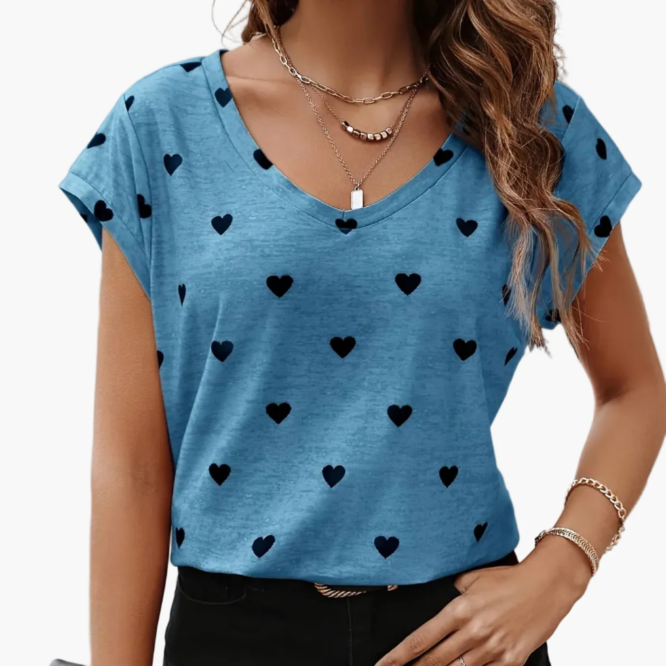 Damen T-Shirt mit Herzmuster, V-Ausschnitt, lässig und elegant für den Sommer - Image 12