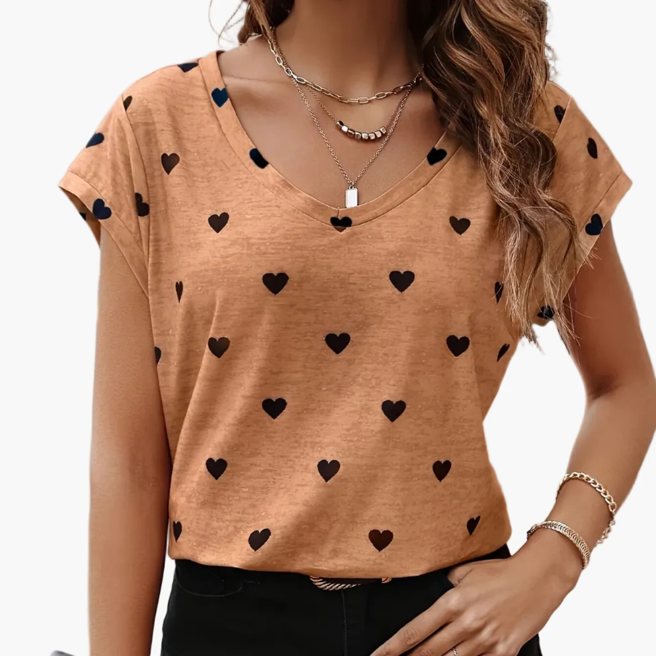 Damen T-Shirt mit Herzmuster, V-Ausschnitt, lässig und elegant für den Sommer - Image 13