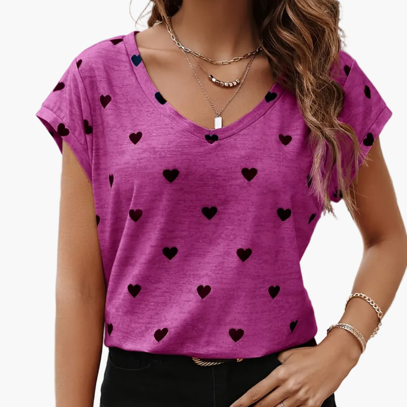 Damen T-Shirt mit Herzmuster, V-Ausschnitt, lässig und elegant für den Sommer - Image 14