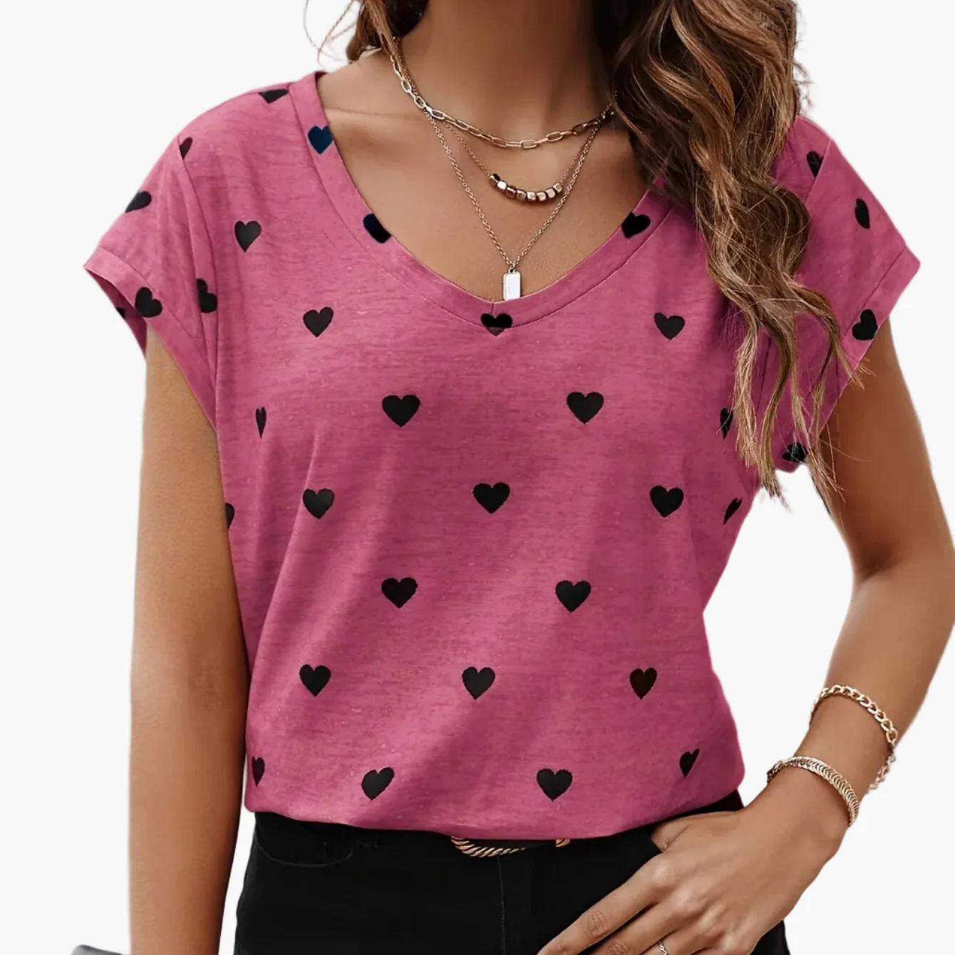 Damen T-Shirt mit Herzmuster, V-Ausschnitt, lässig und elegant für den Sommer - Image 15