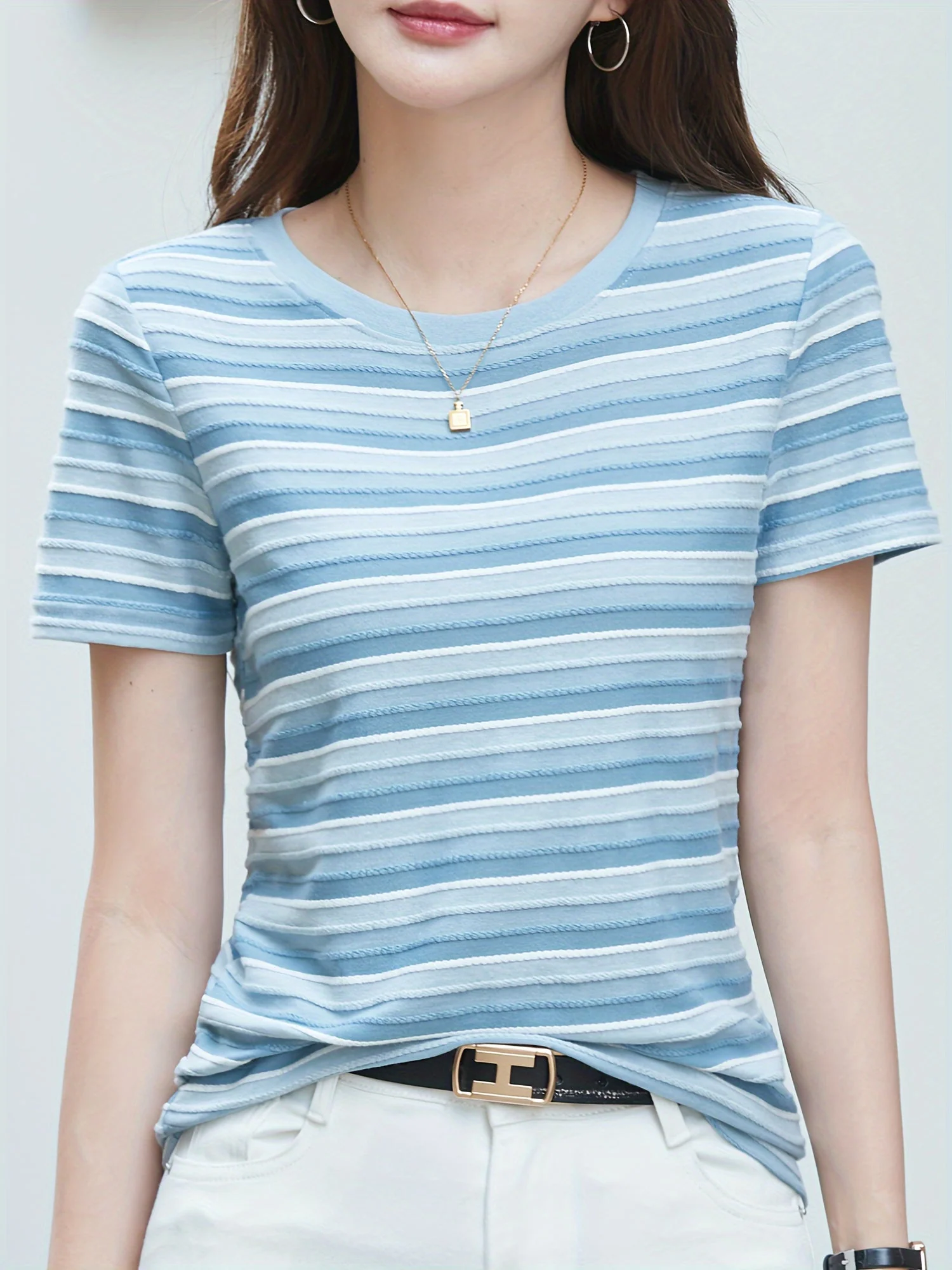 Damen T-Shirt Kurzarm Gestreift Freizeit Modern Basic Rundhals