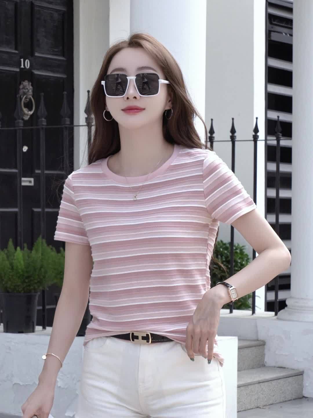 Damen T-Shirt Kurzarm Gestreift Freizeit Modern Basic Rundhals - Image 9