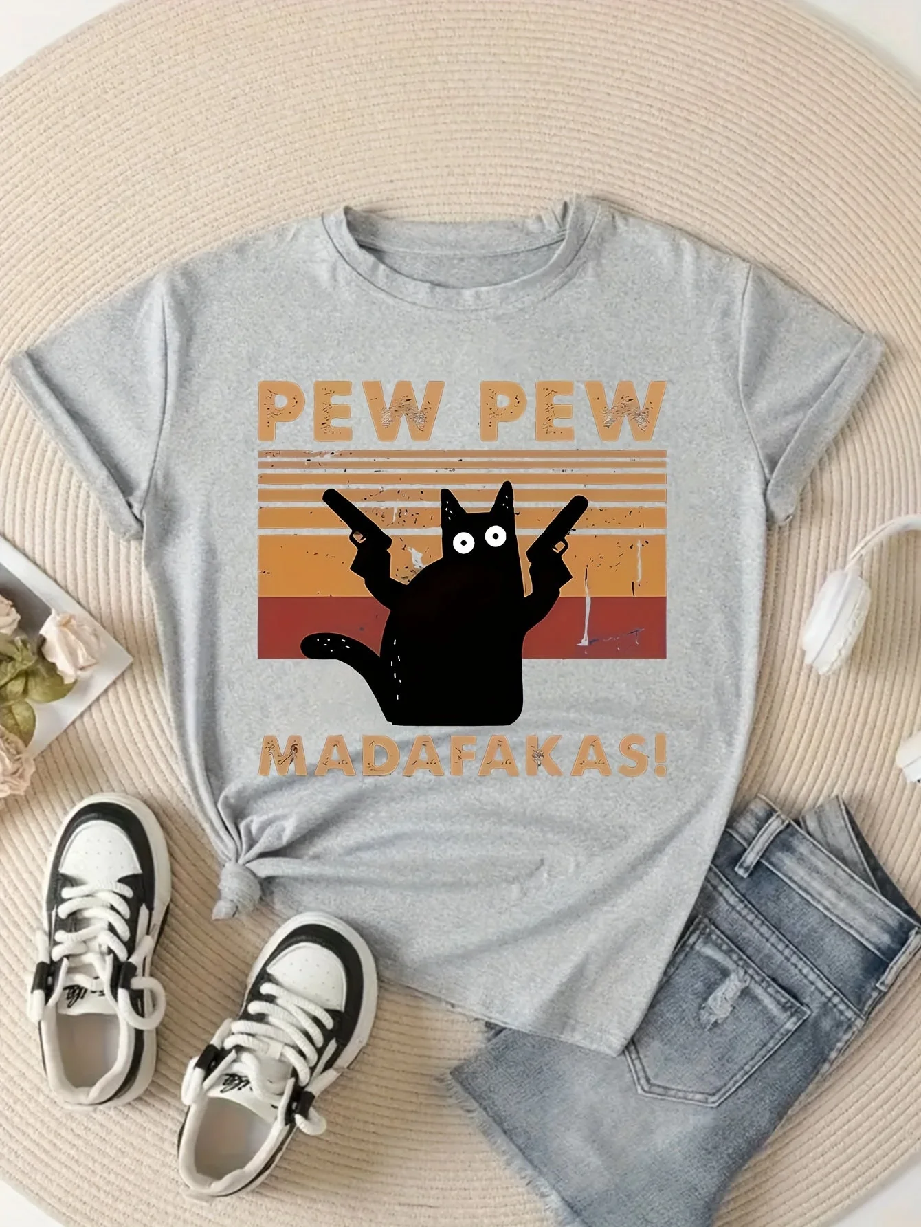 Damen T-Shirt mit lustigem Katzen-Print – Retro-Stil, Kurzarm, Sommer, Freizeit - Image 2