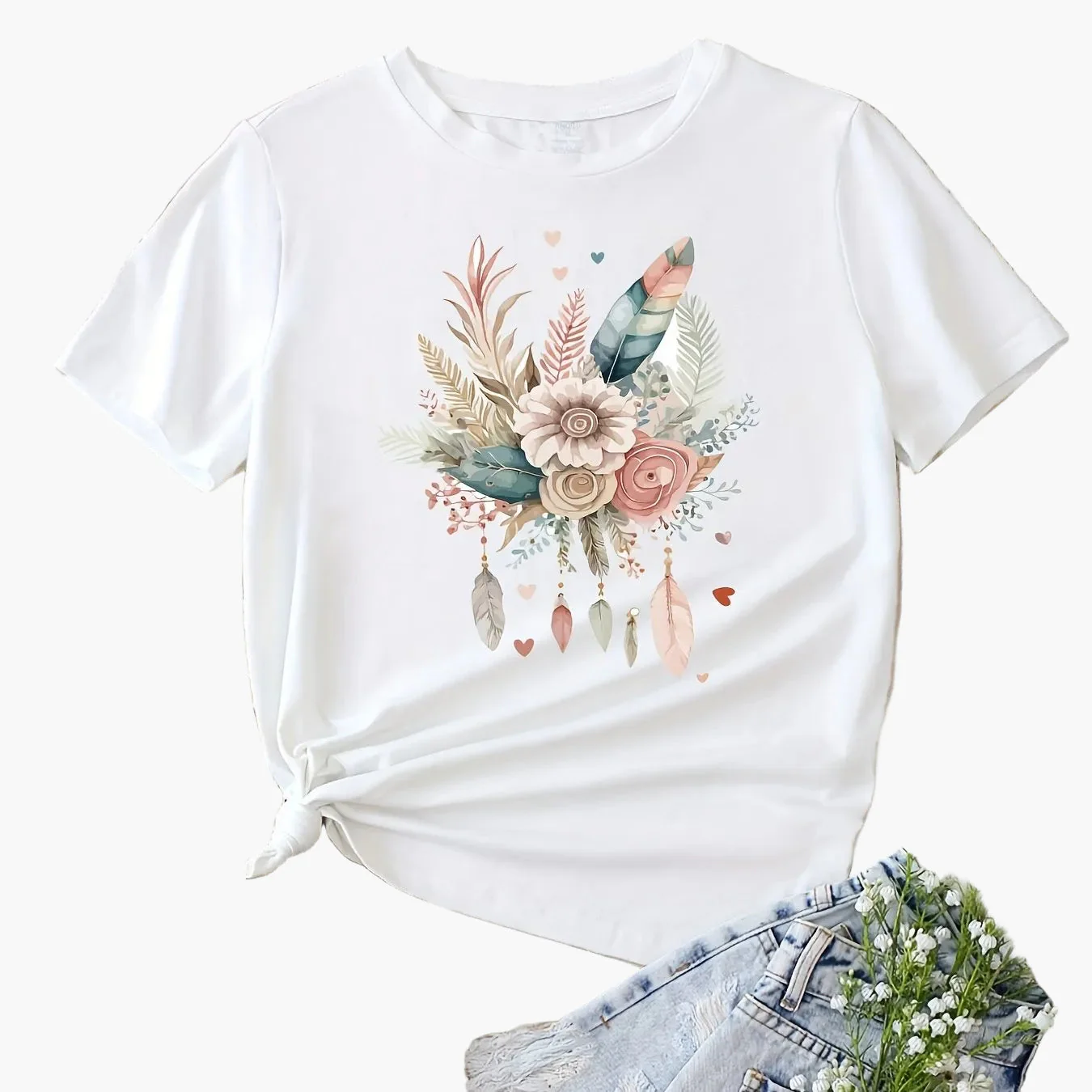 Damen T-Shirt mit floraler Feder Grafik – Lässiger Sommer Stil - Image 11