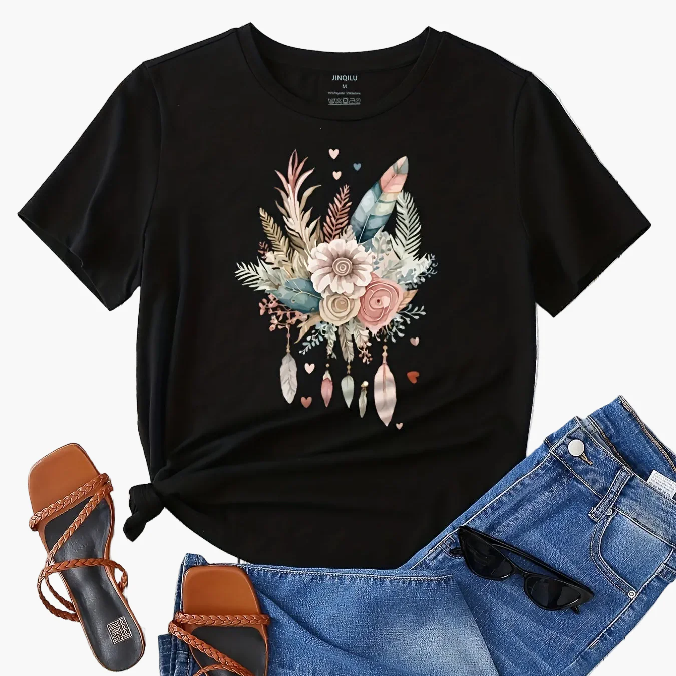 Damen T-Shirt mit floraler Feder Grafik – Lässiger Sommer Stil - Image 13