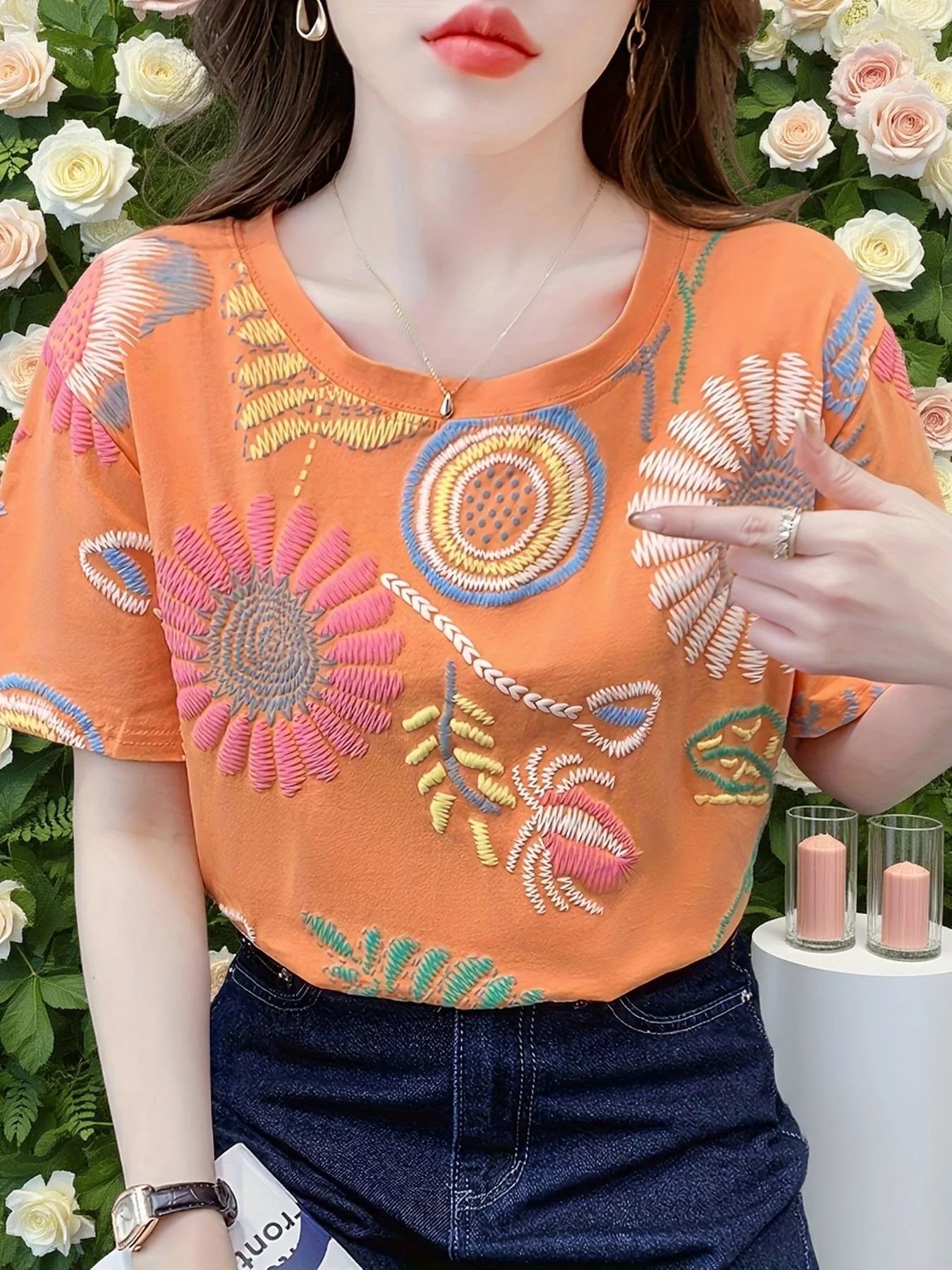 Damen T-Shirt mit Stickerei im Boho-Stil – Kurzarm, Sommer, Freizeit, modisch