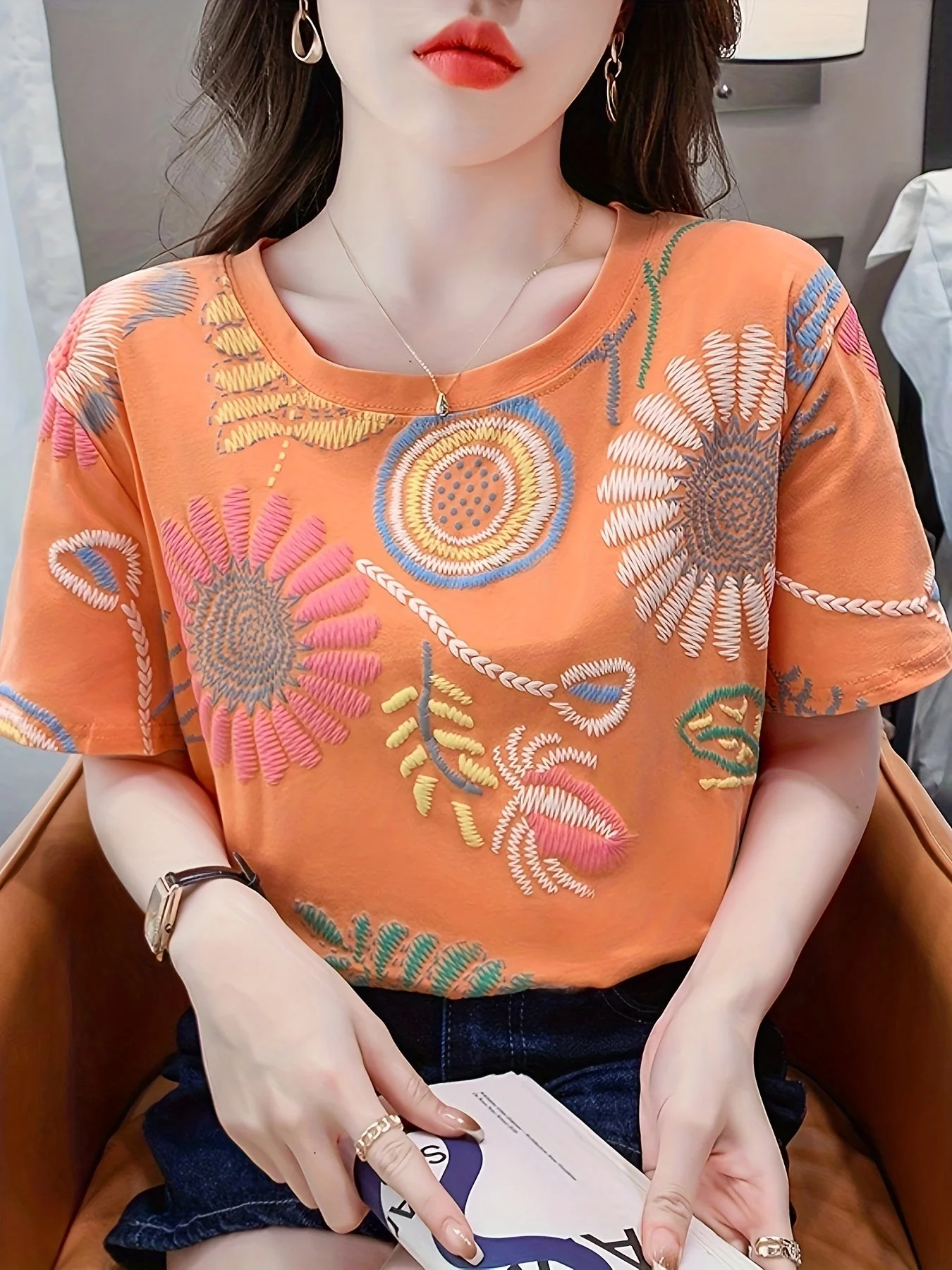 Damen T-Shirt mit Stickerei im Boho-Stil – Kurzarm, Sommer, Freizeit, modisch - Image 2