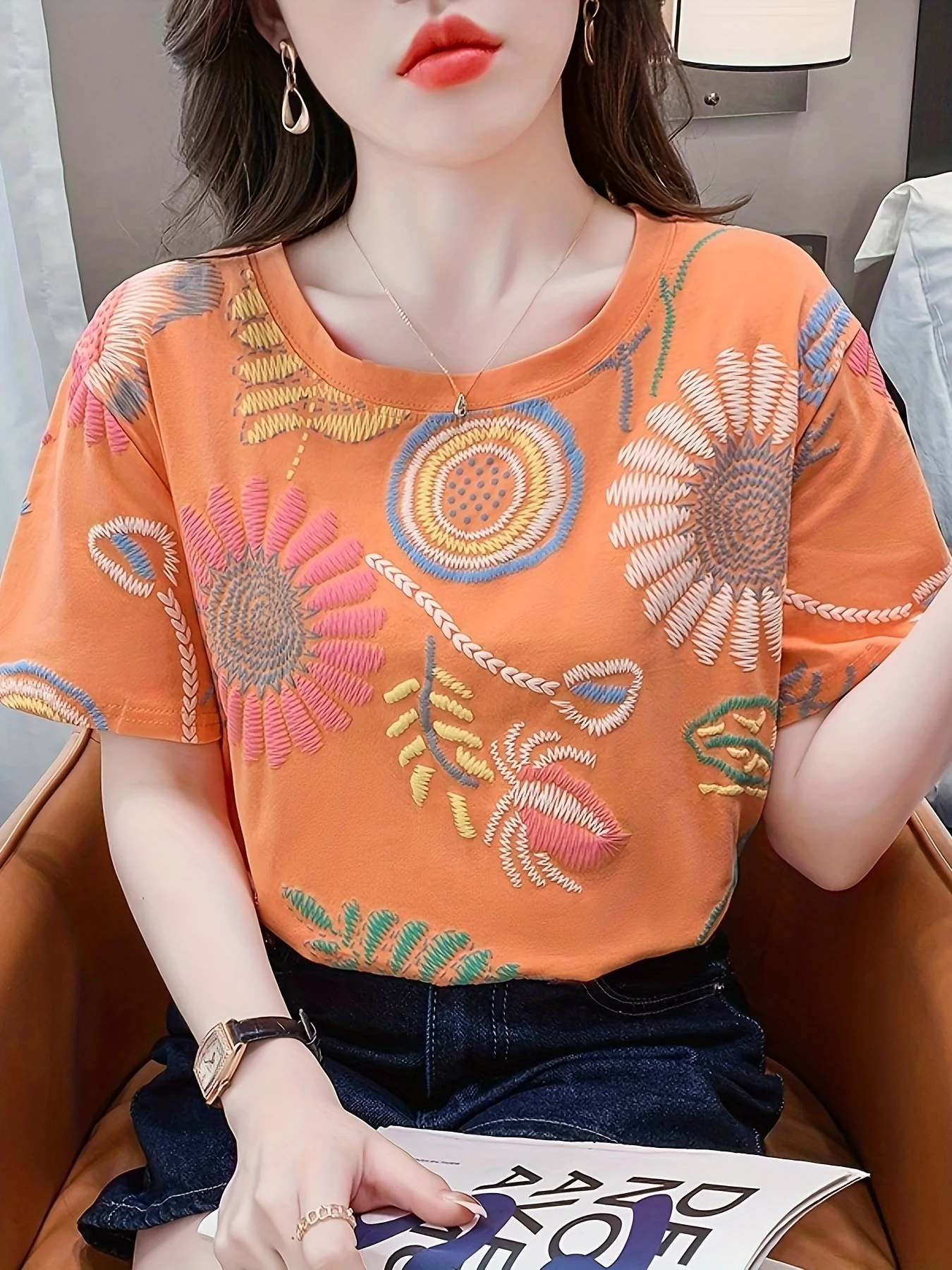 Damen T-Shirt mit Stickerei im Boho-Stil – Kurzarm, Sommer, Freizeit, modisch - Image 4