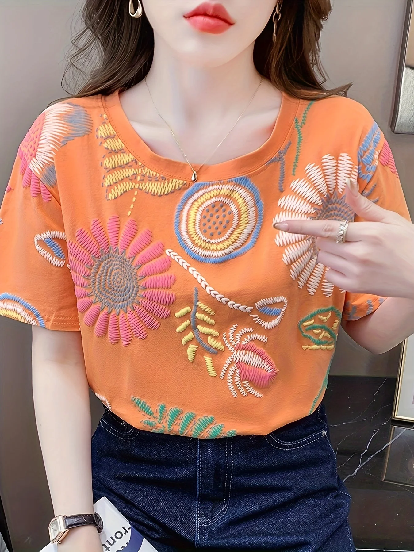 Damen T-Shirt mit Stickerei im Boho-Stil – Kurzarm, Sommer, Freizeit, modisch - Image 5