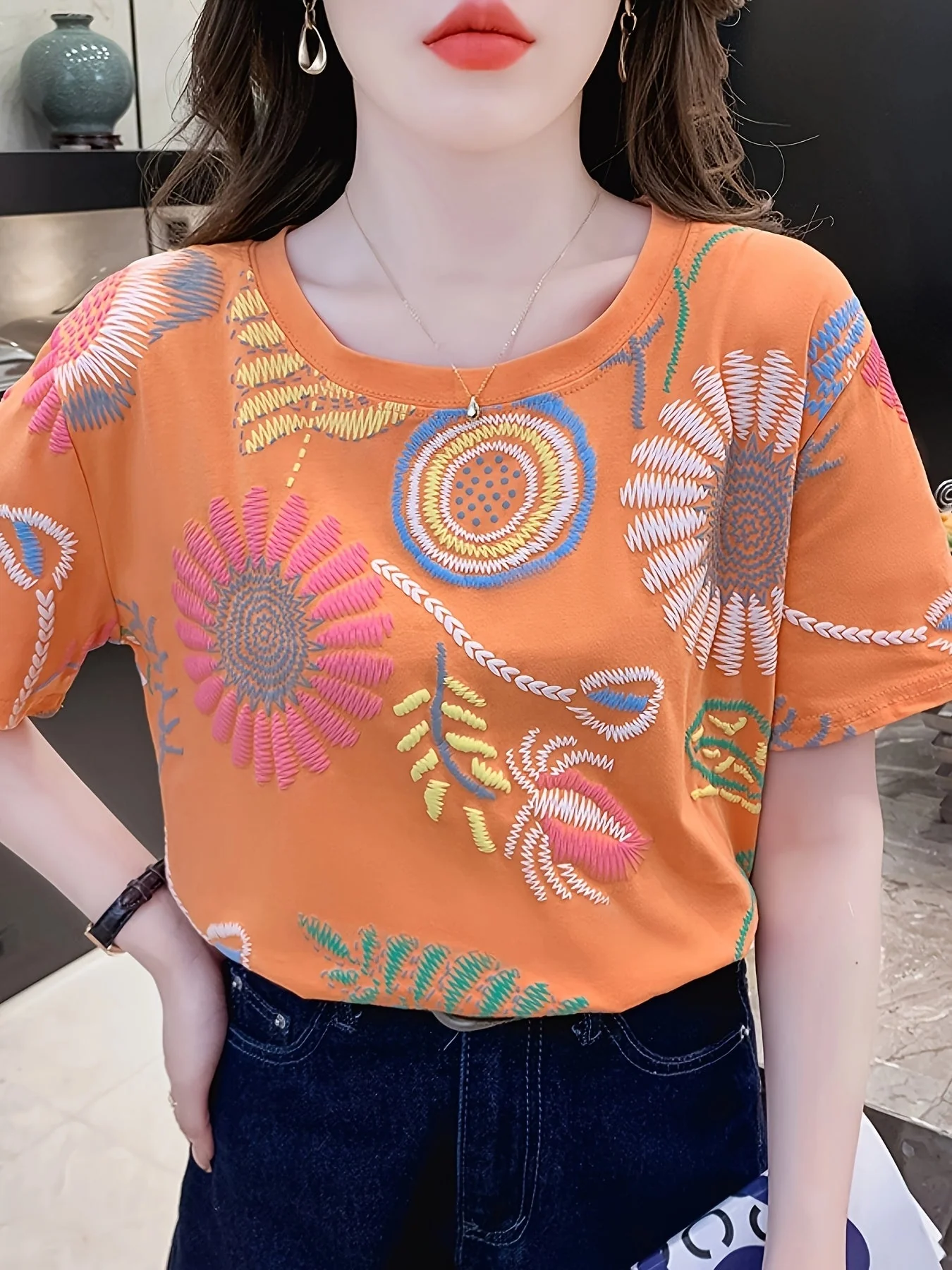Damen T-Shirt mit Stickerei im Boho-Stil – Kurzarm, Sommer, Freizeit, modisch - Image 7