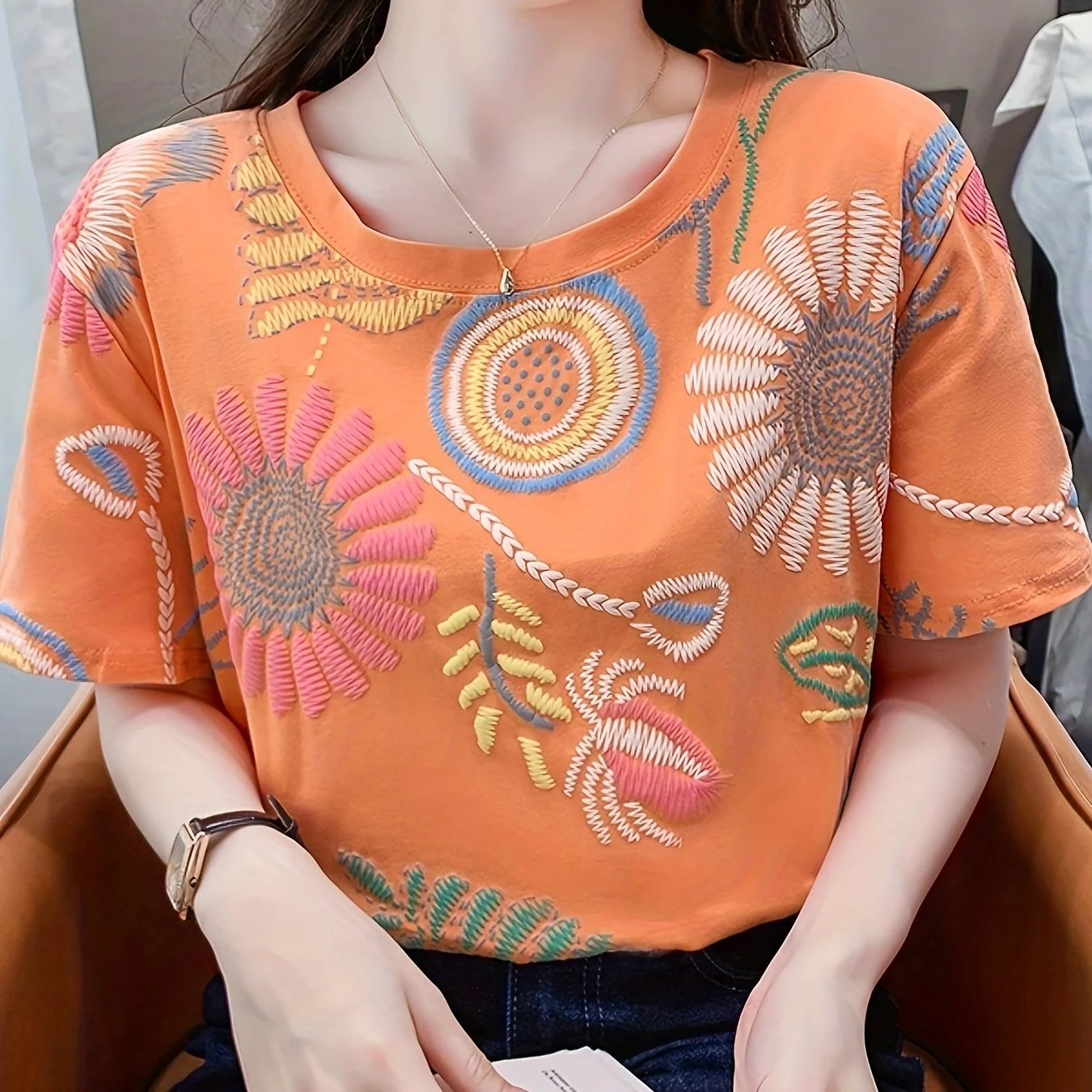 Damen T-Shirt mit Stickerei im Boho-Stil – Kurzarm, Sommer, Freizeit, modisch - Image 8