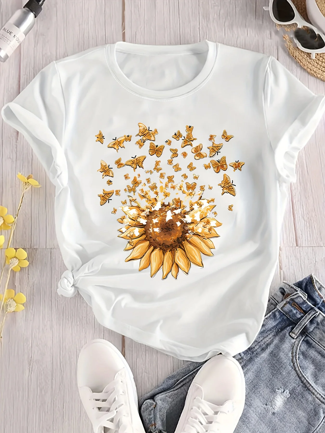 Damen T-Shirt mit Sonnenblumen- und Schmetterlings-Print, Casual Style, Frühling/Sommer