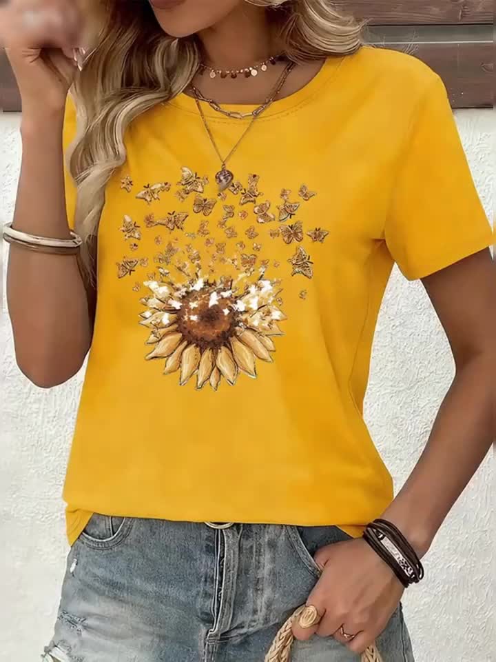 Damen T-Shirt mit Sonnenblumen- und Schmetterlings-Print, Casual Style, Frühling/Sommer - Image 11