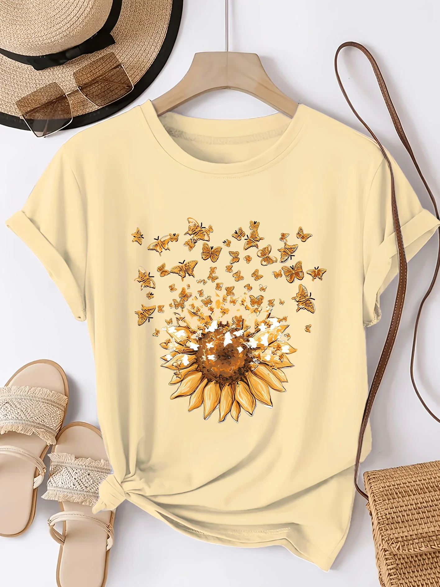 Damen T-Shirt mit Sonnenblumen- und Schmetterlings-Print, Casual Style, Frühling/Sommer - Image 2