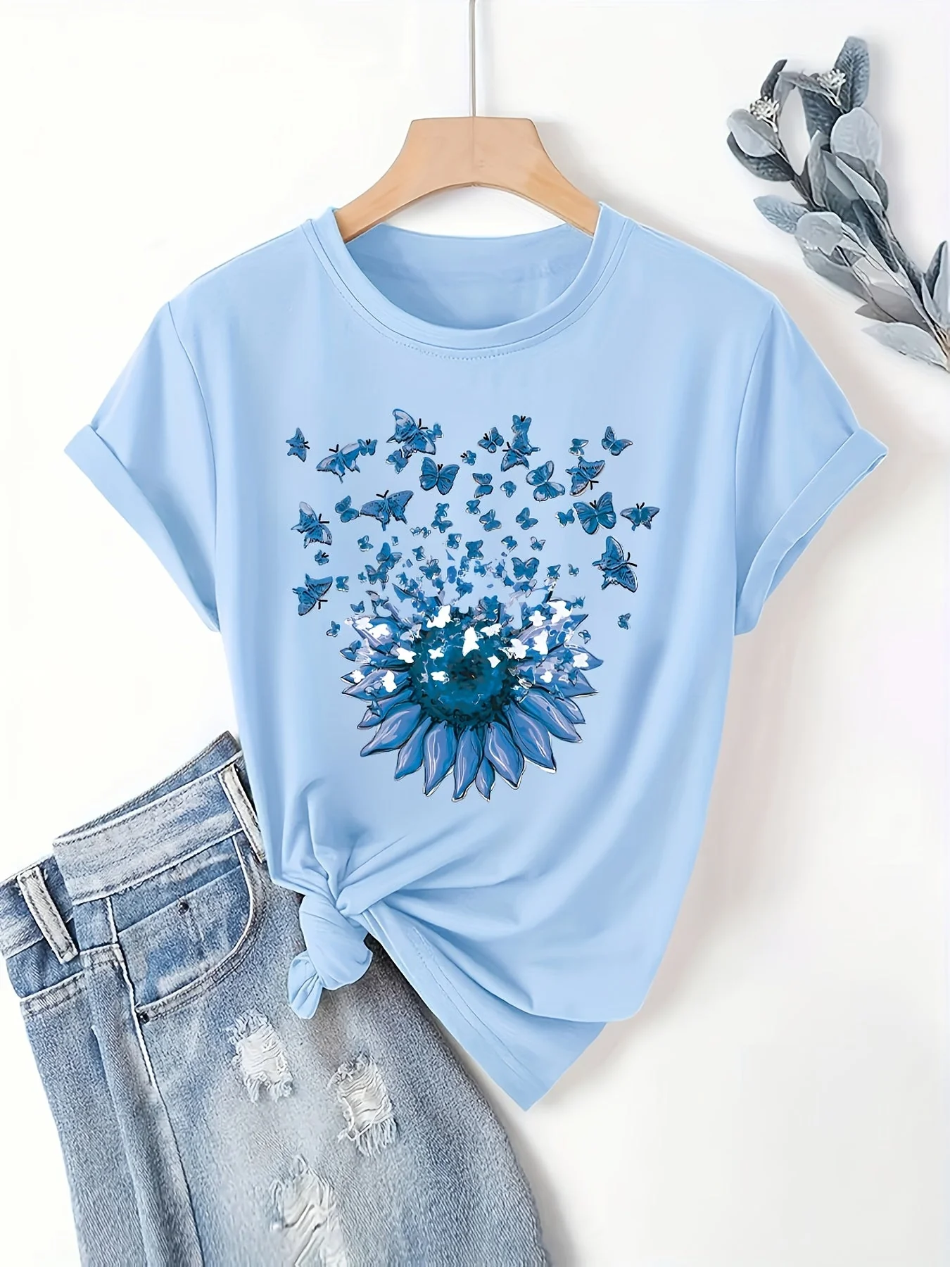 Damen T-Shirt mit Sonnenblumen- und Schmetterlings-Print, Casual Style, Frühling/Sommer - Image 3