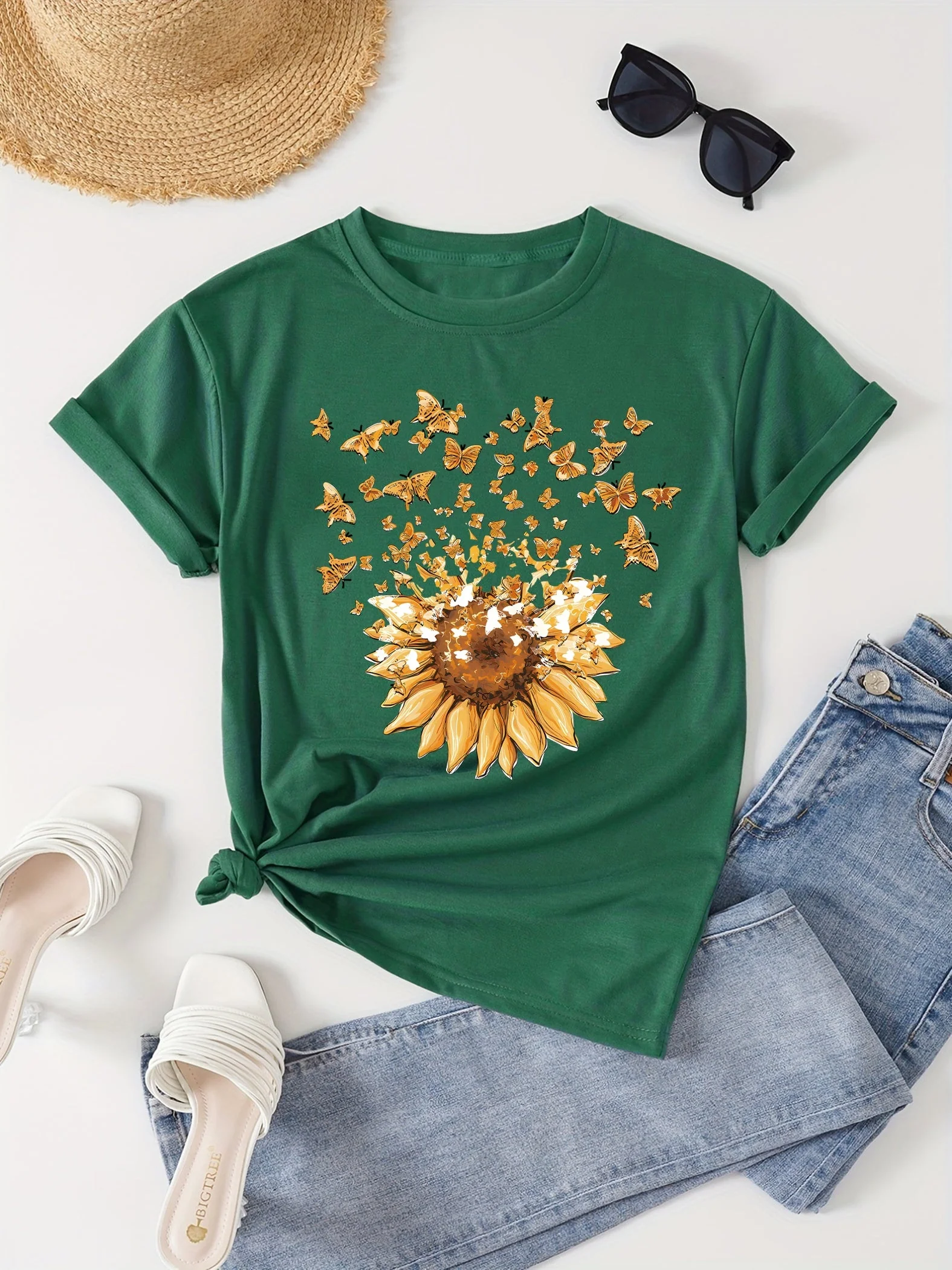 Damen T-Shirt mit Sonnenblumen- und Schmetterlings-Print, Casual Style, Frühling/Sommer - Image 4