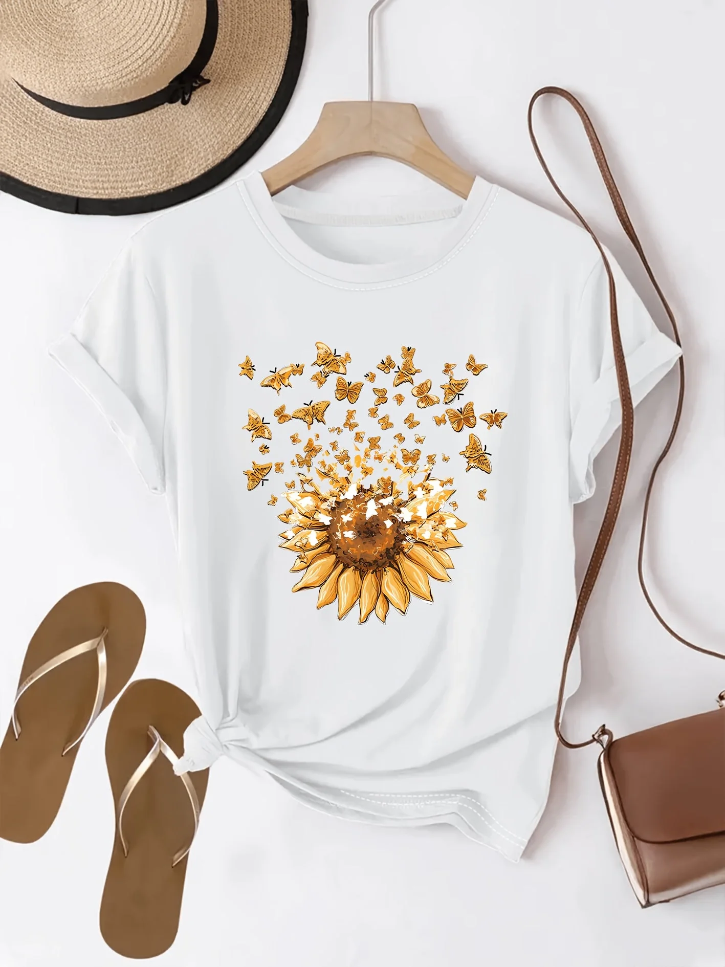 Damen T-Shirt mit Sonnenblumen- und Schmetterlings-Print, Casual Style, Frühling/Sommer - Image 5
