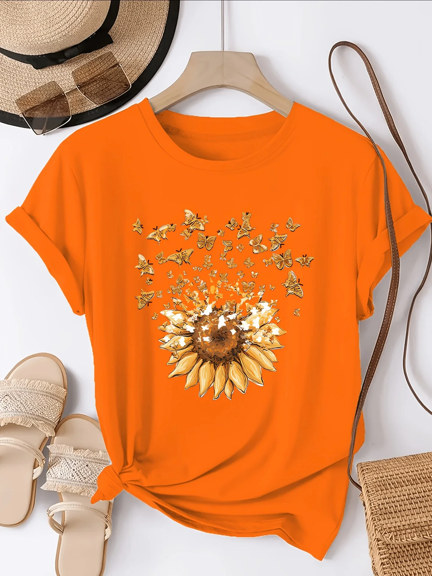 Damen T-Shirt mit Sonnenblumen- und Schmetterlings-Print, Casual Style, Frühling/Sommer - Image 6