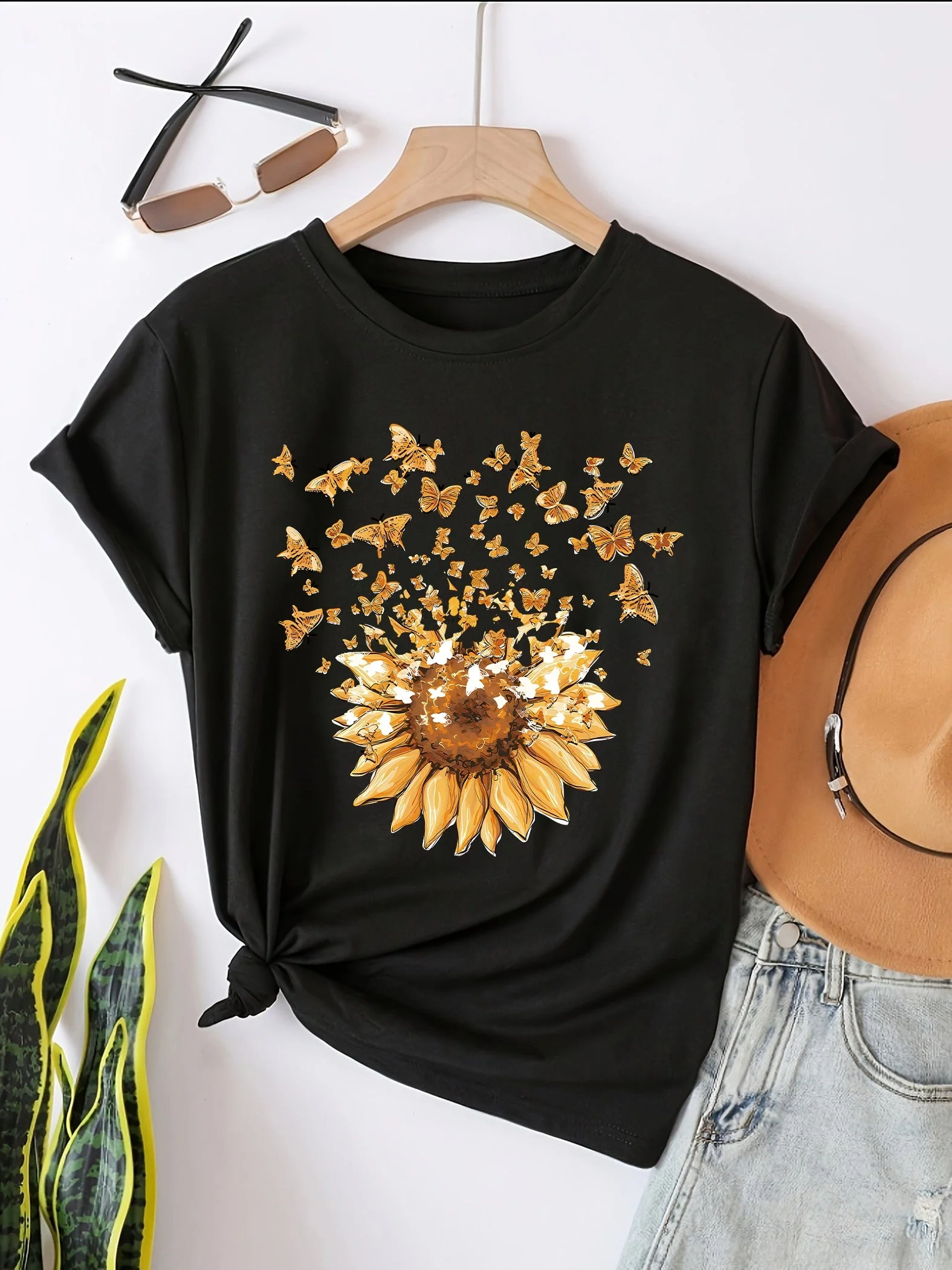 Damen T-Shirt mit Sonnenblumen- und Schmetterlings-Print, Casual Style, Frühling/Sommer - Image 7