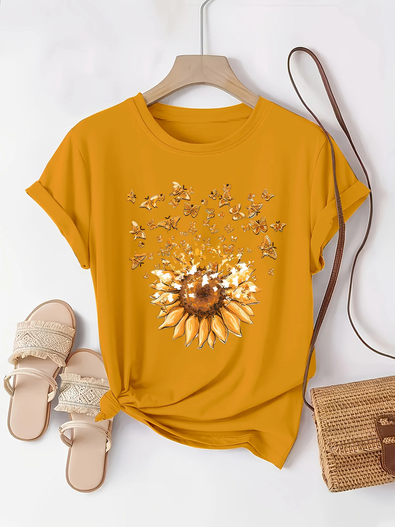 Damen T-Shirt mit Sonnenblumen- und Schmetterlings-Print, Casual Style, Frühling/Sommer - Image 8